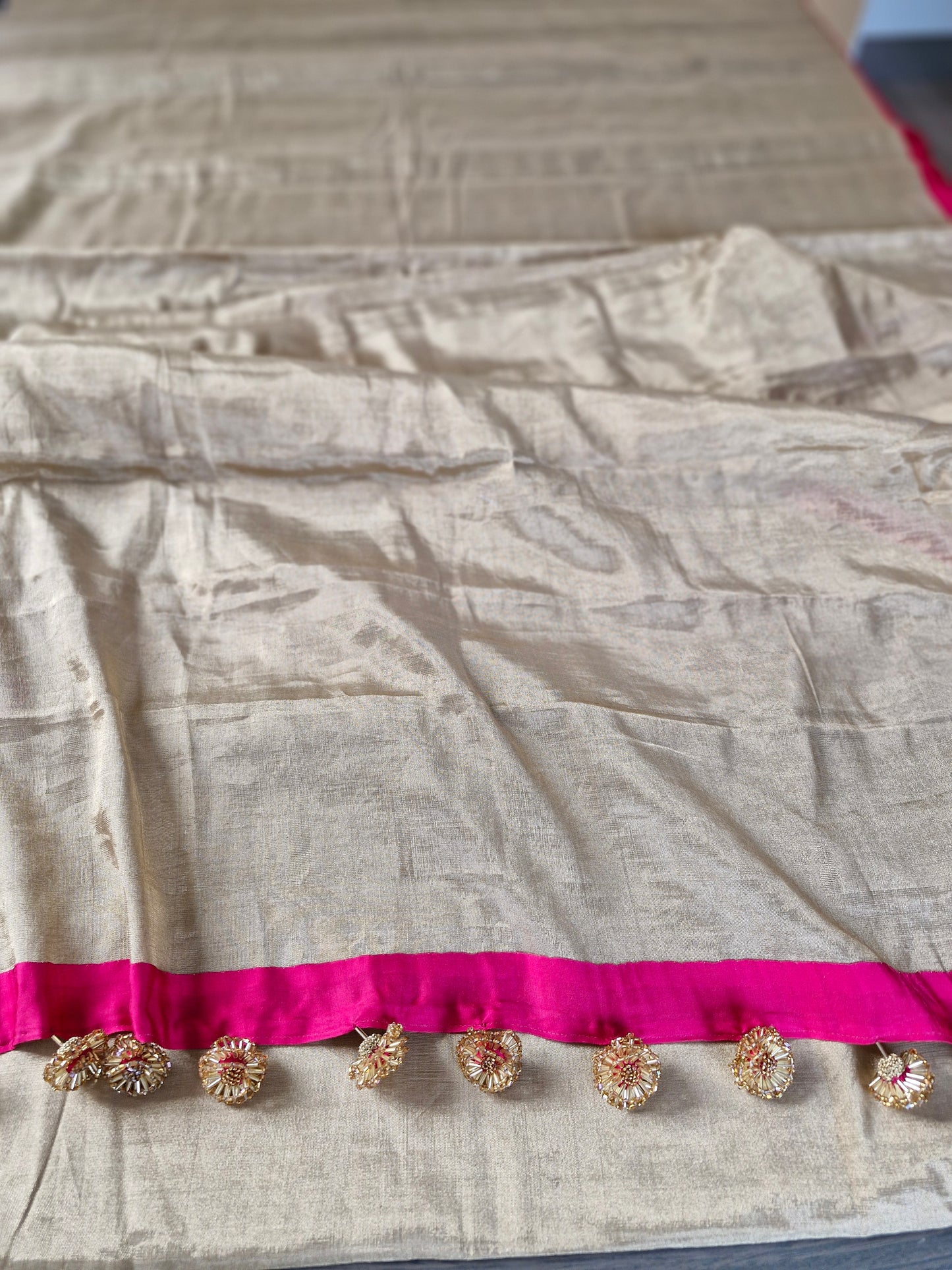 Gold Tissue Chanderi Saree with Fuchsia Satin Finishing