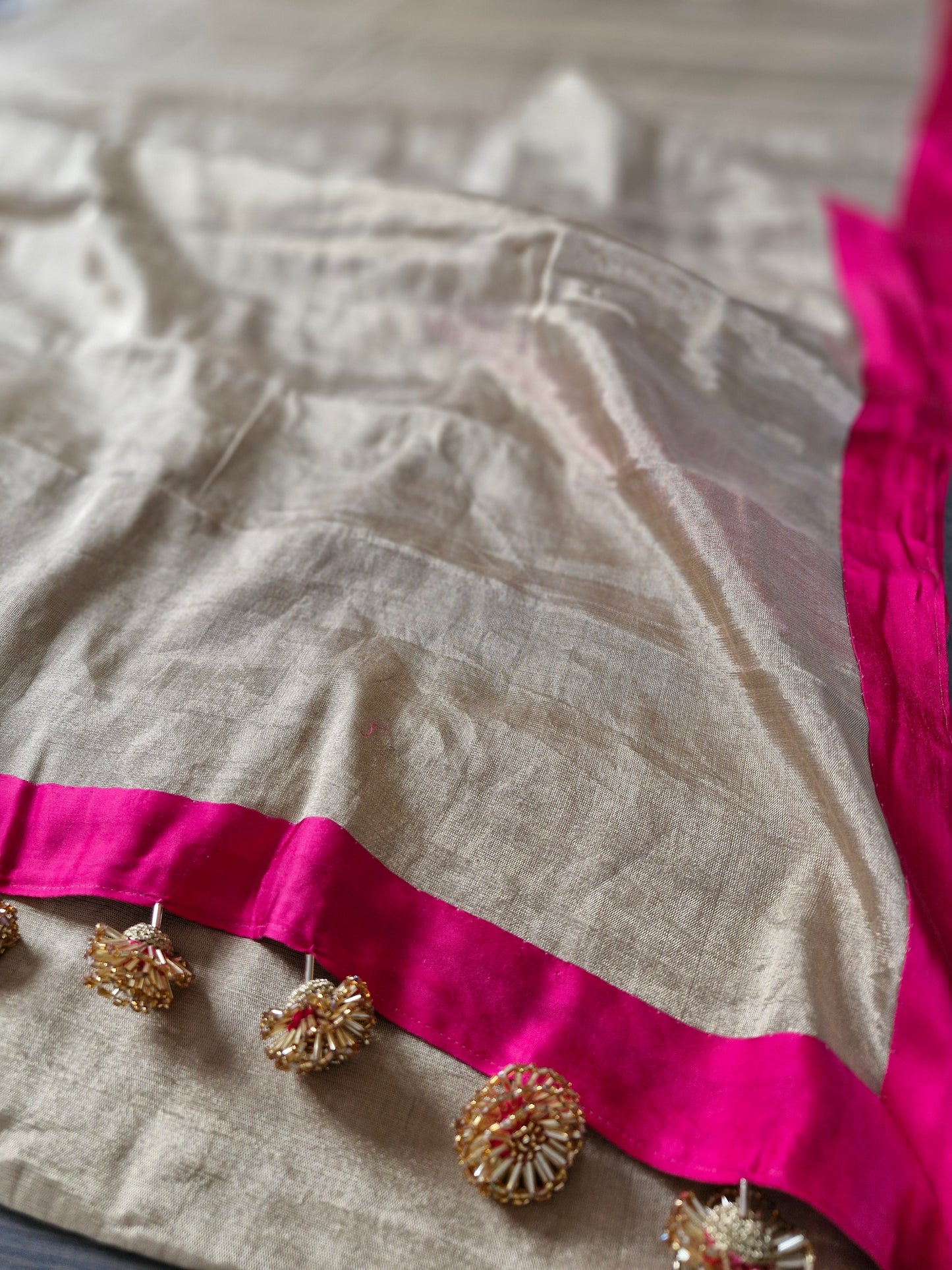 Gold Tissue Chanderi Saree with Fuchsia Satin Finishing