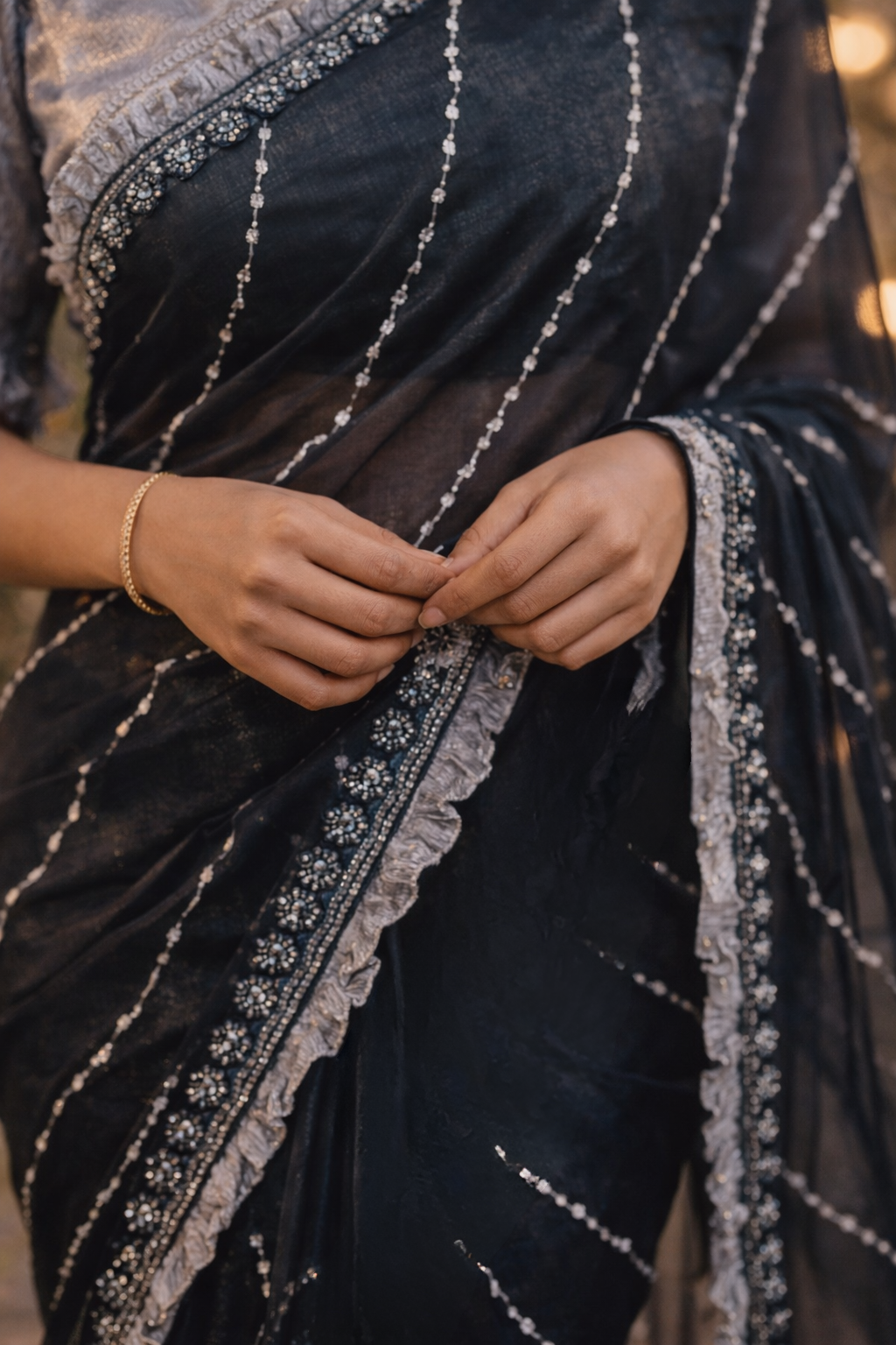 Dark Teal Blue Shimmer Saree with Kardana and Stone Work