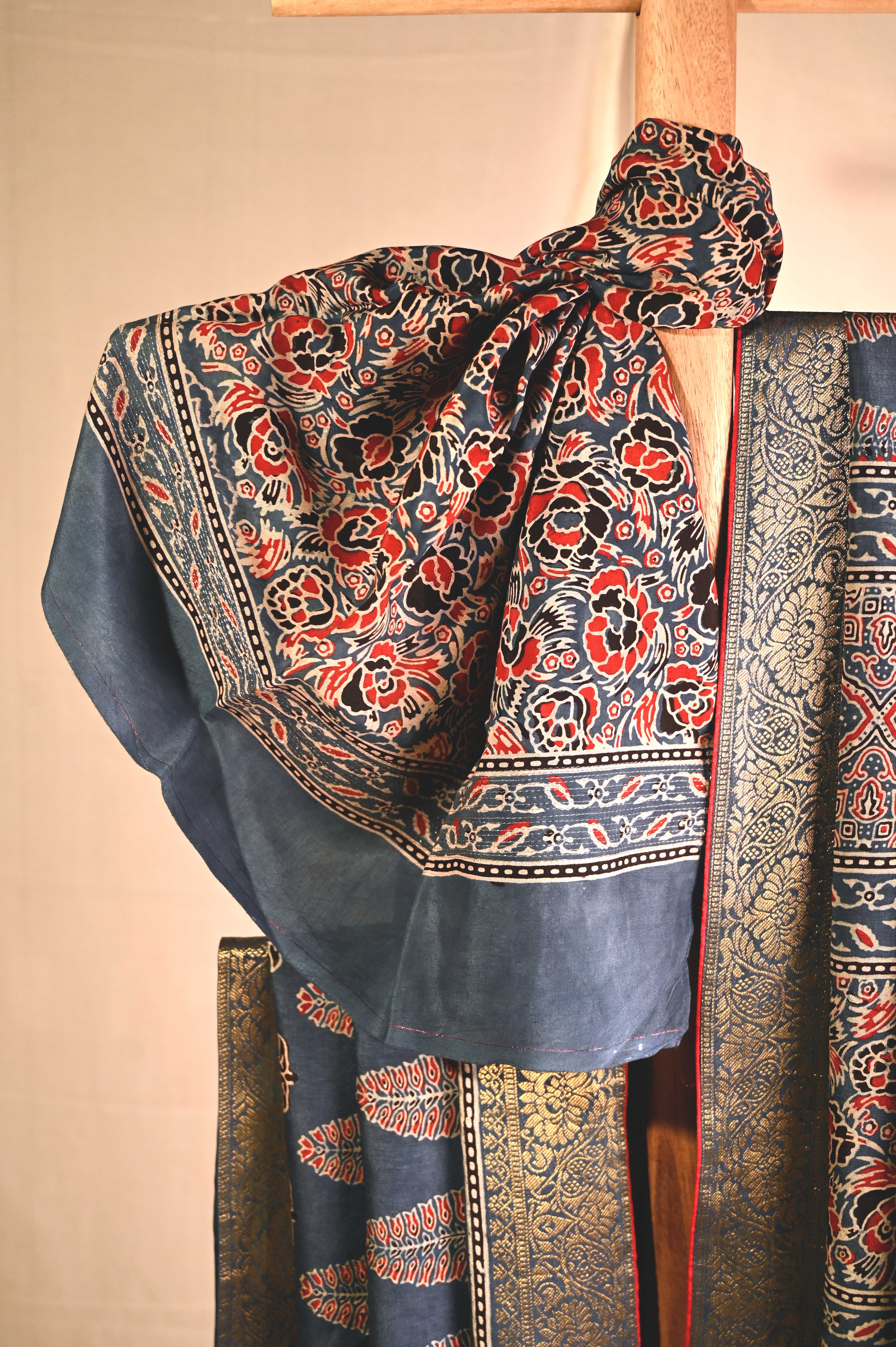 Modal Silk Indigo Ajrakh Saree