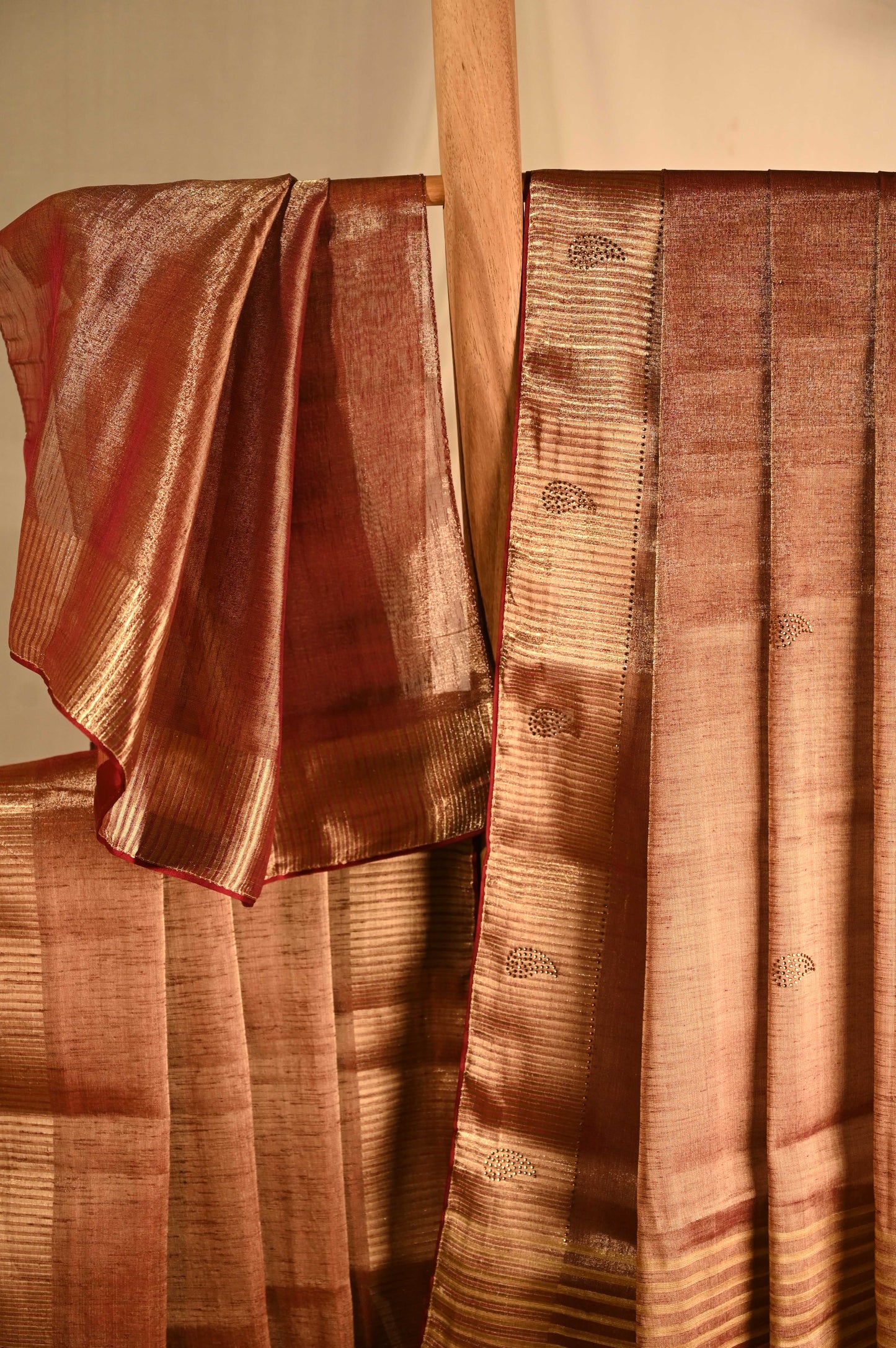 Wine Gold Tissue Organza Saree With Crystals Embellishments