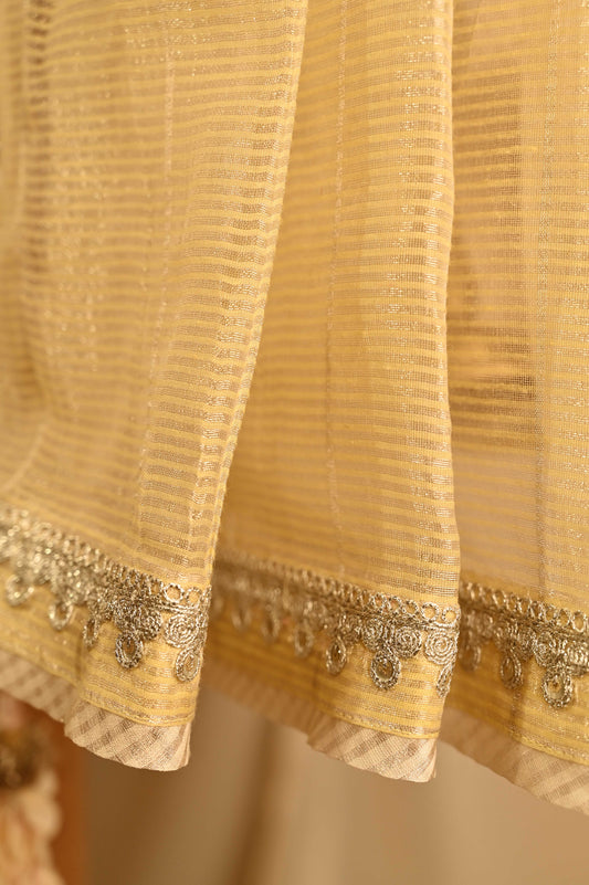 Yellow Chanderi Saree Embellished With Silver Lace And Shells Button