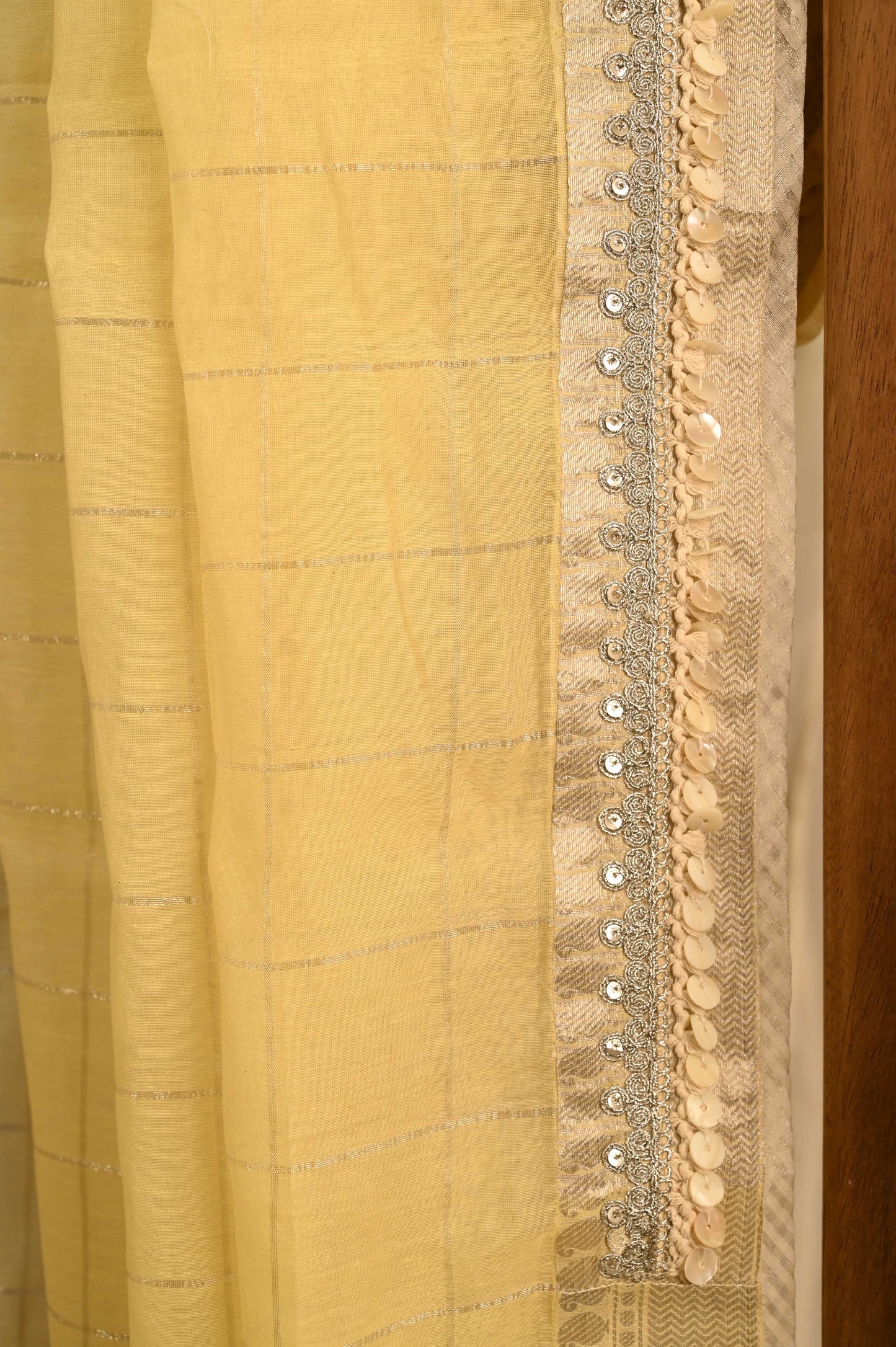 Yellow Chanderi Saree Embellished With Silver Lace And Shells Button