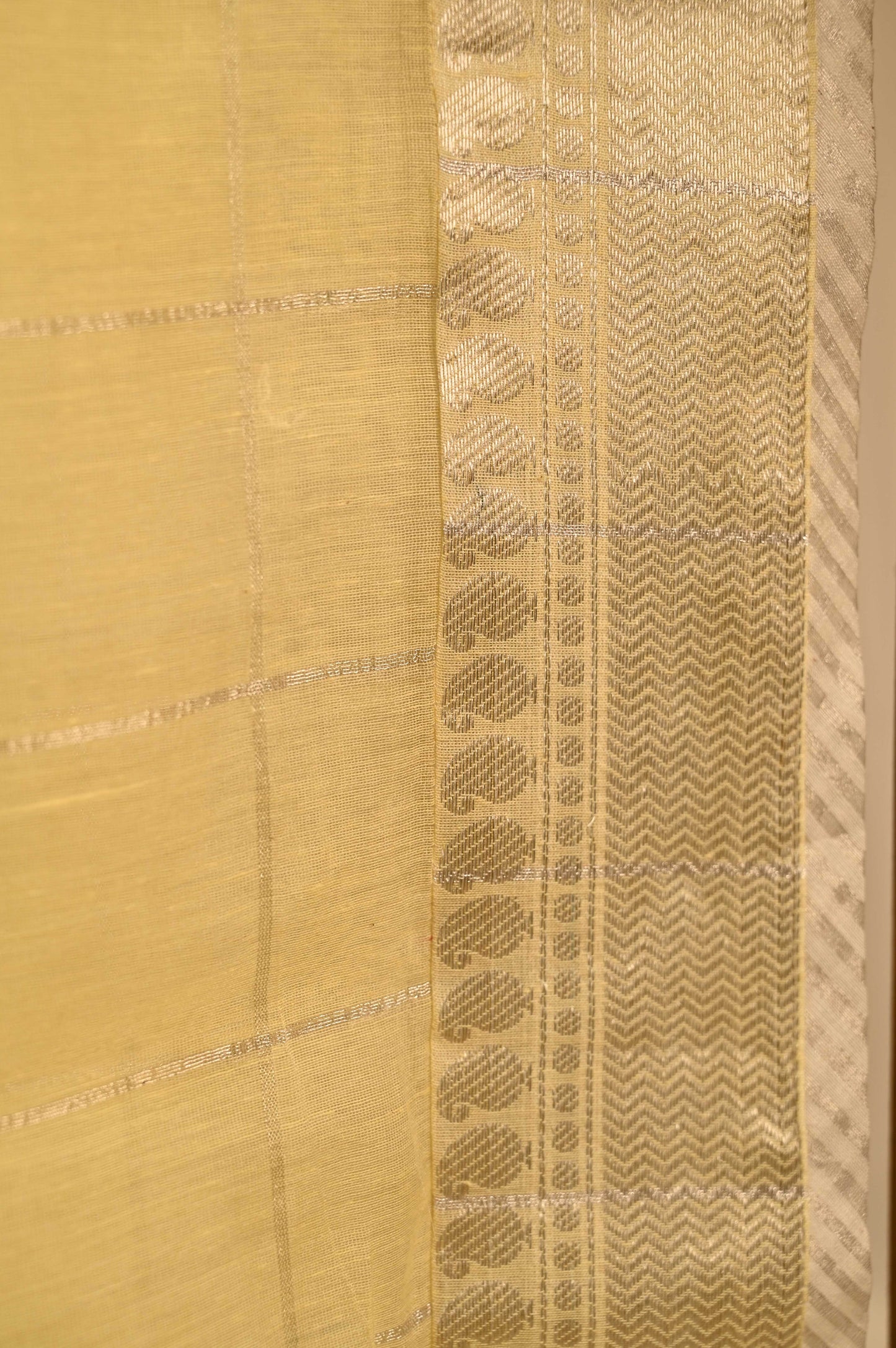 Yellow Chanderi Saree Embellished With Silver Lace And Shells Button