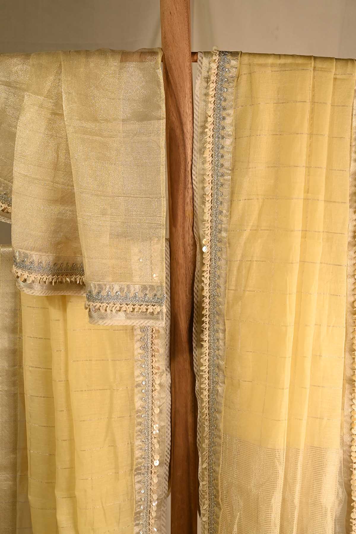 Yellow Chanderi Saree Embellished With Silver Lace And Shells Button