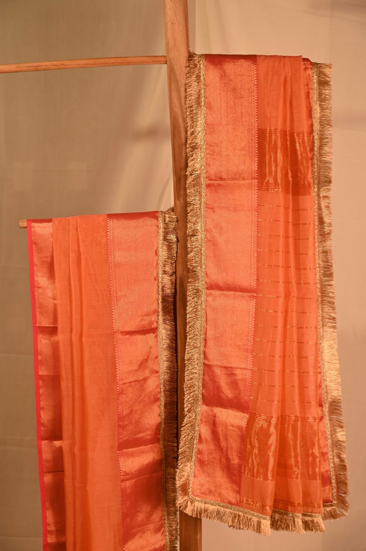 Peach Chanderi Saree With Gold Zari Border