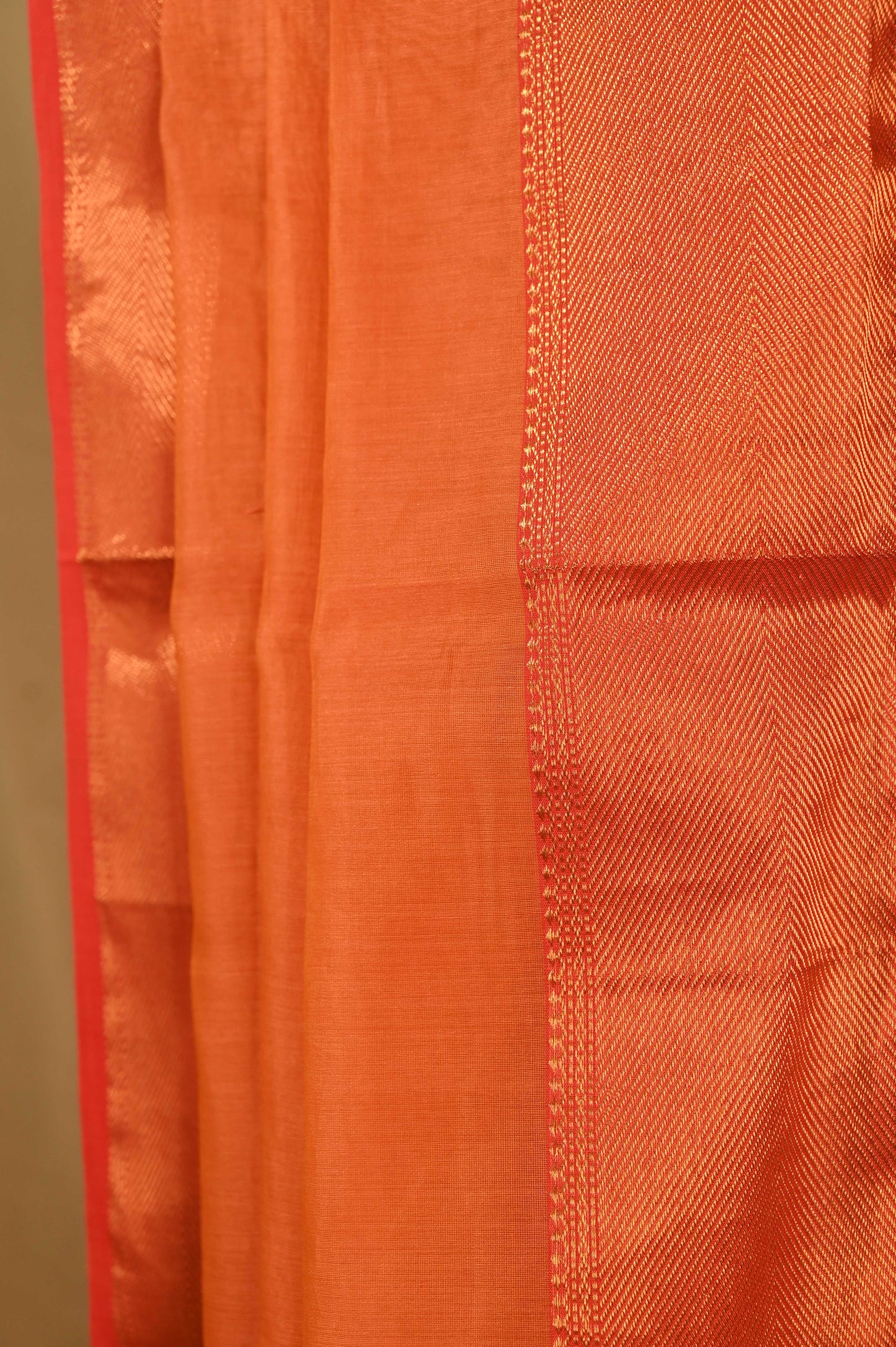 Peach Chanderi Saree With Gold Zari Border