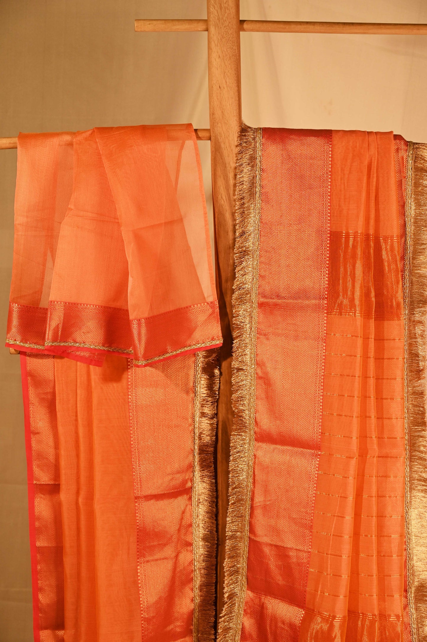 Peach Chanderi Saree With Gold Zari Border