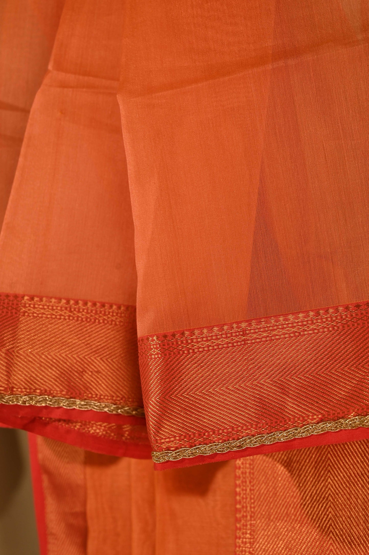 Peach Chanderi Saree With Gold Zari Border