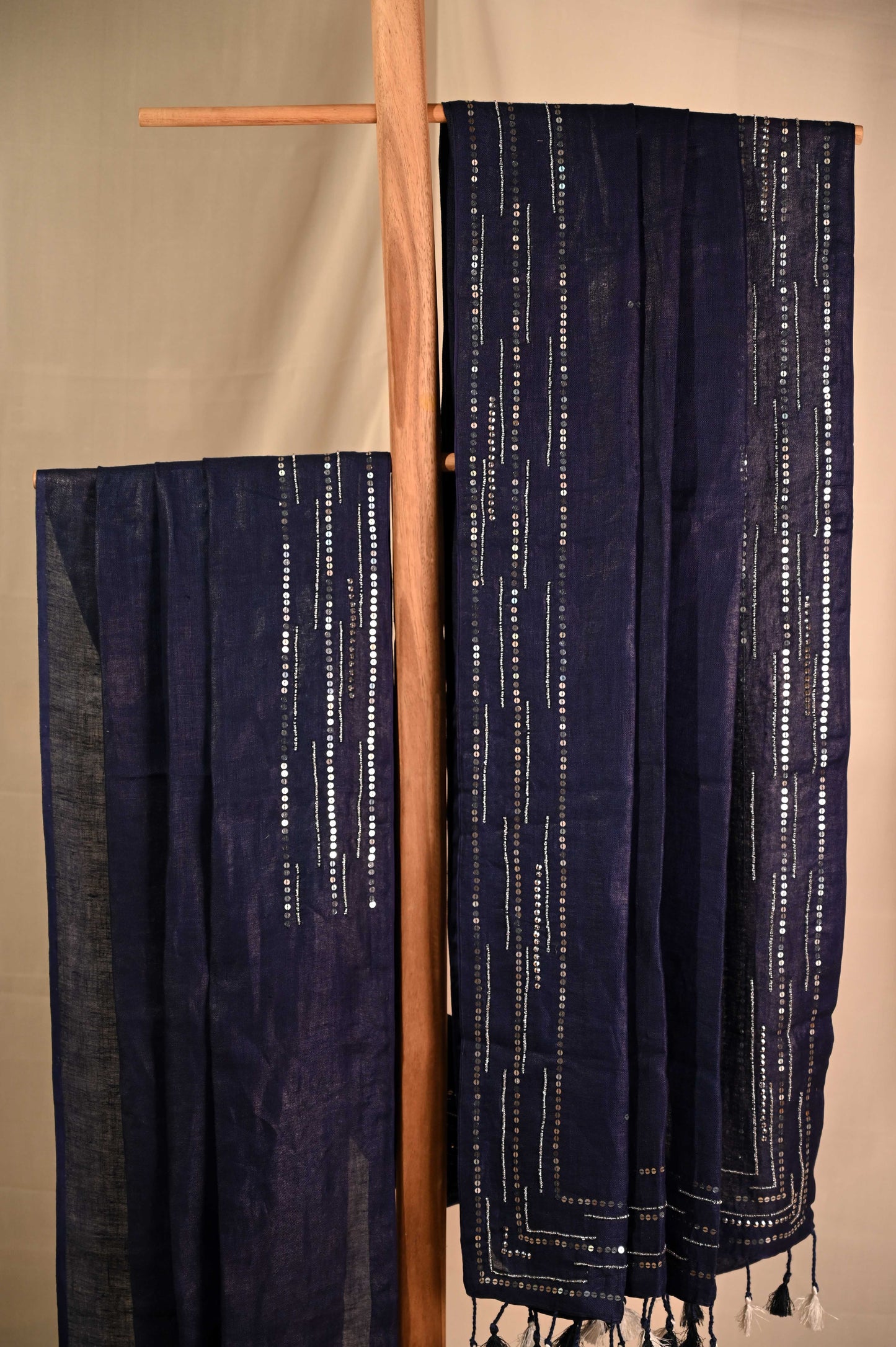 Navy Linen Saree with Sequins and Bead Work