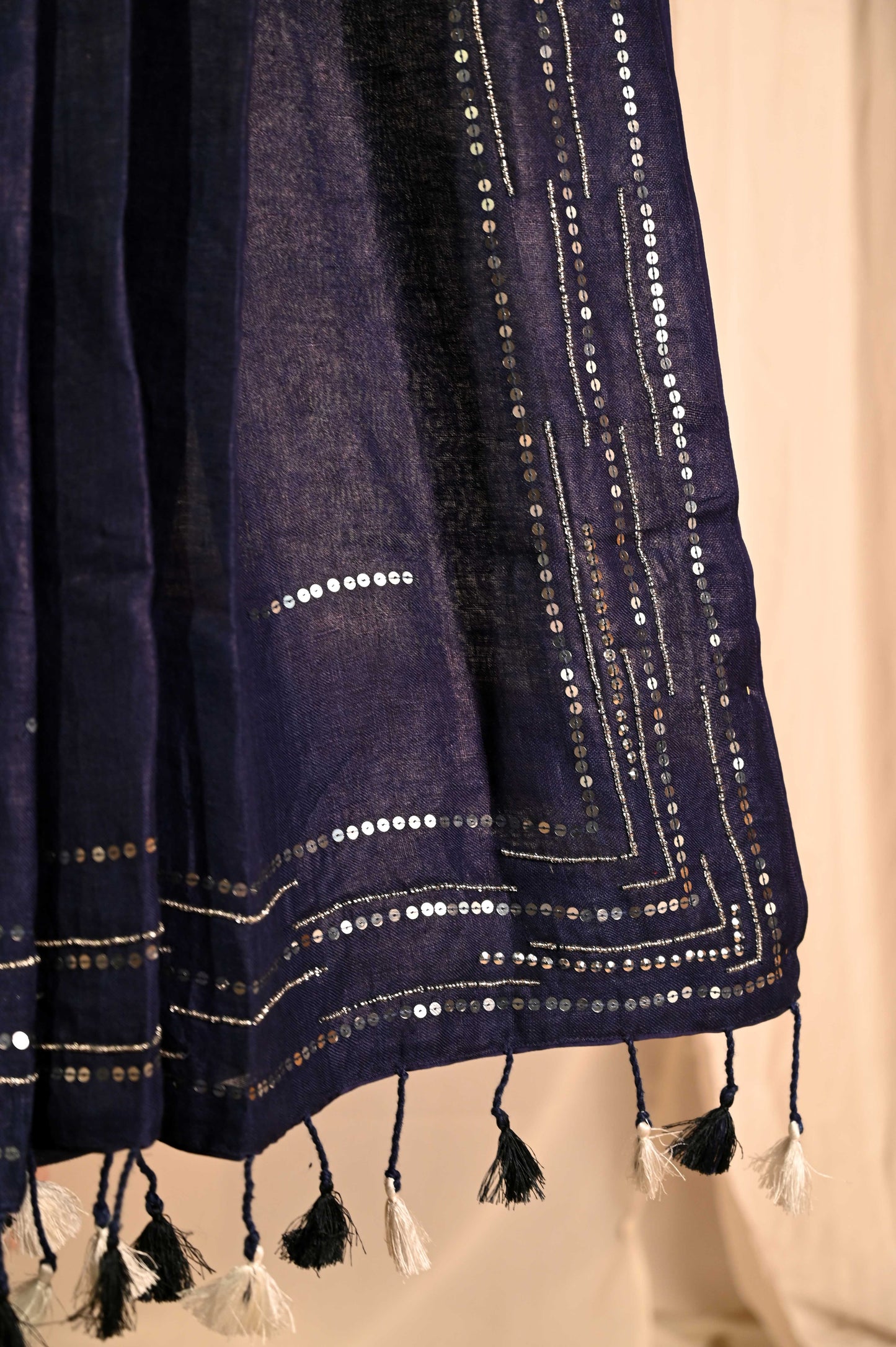 Navy Linen Saree with Sequins and Bead Work