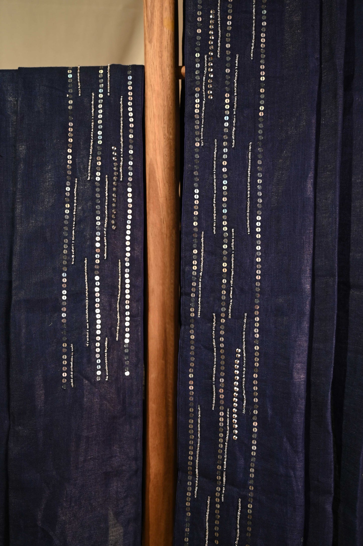 Navy Linen Saree with Sequins and Bead Work