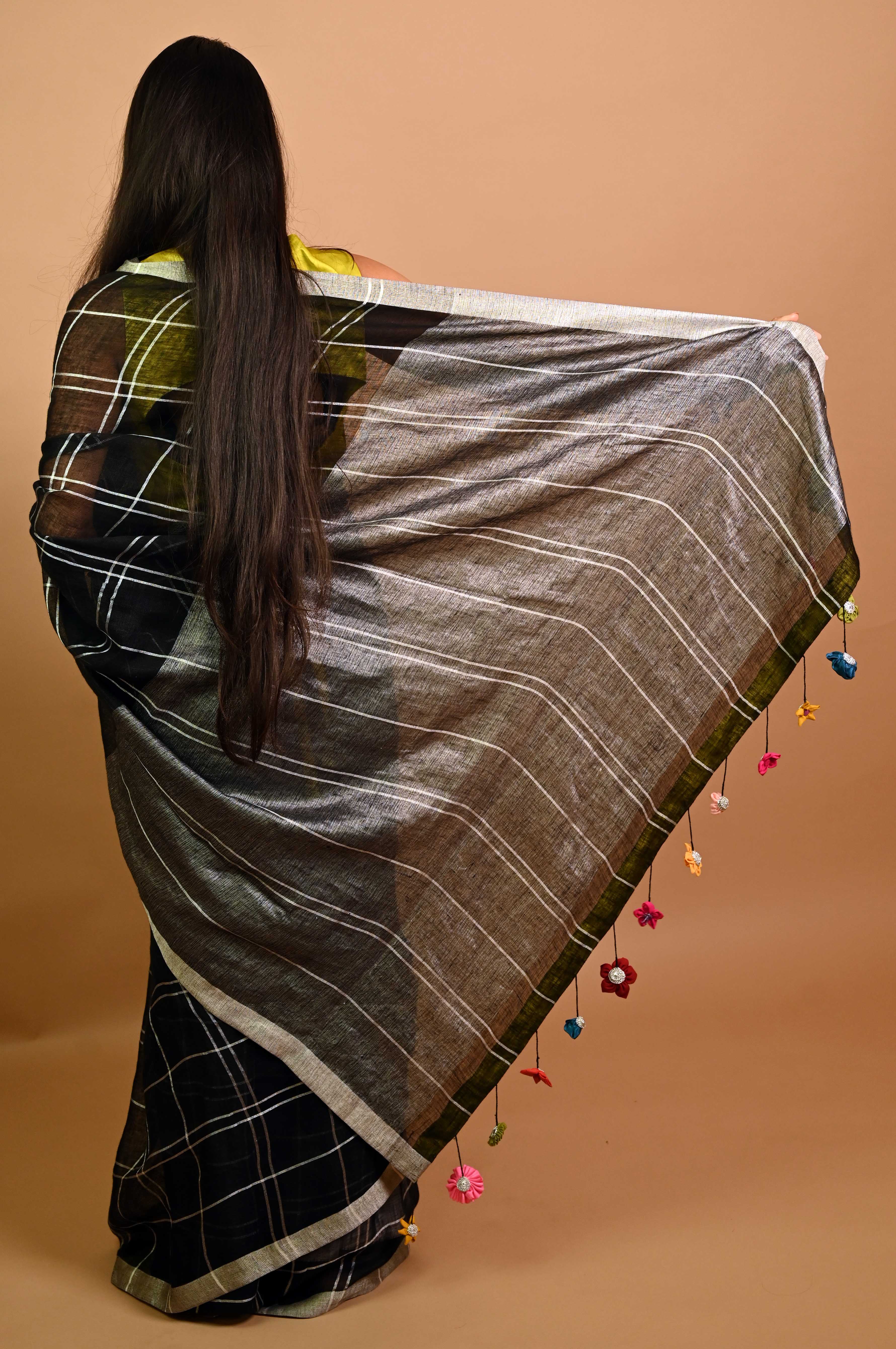 Black Checked Linen Saree with Textile Floral Tassels