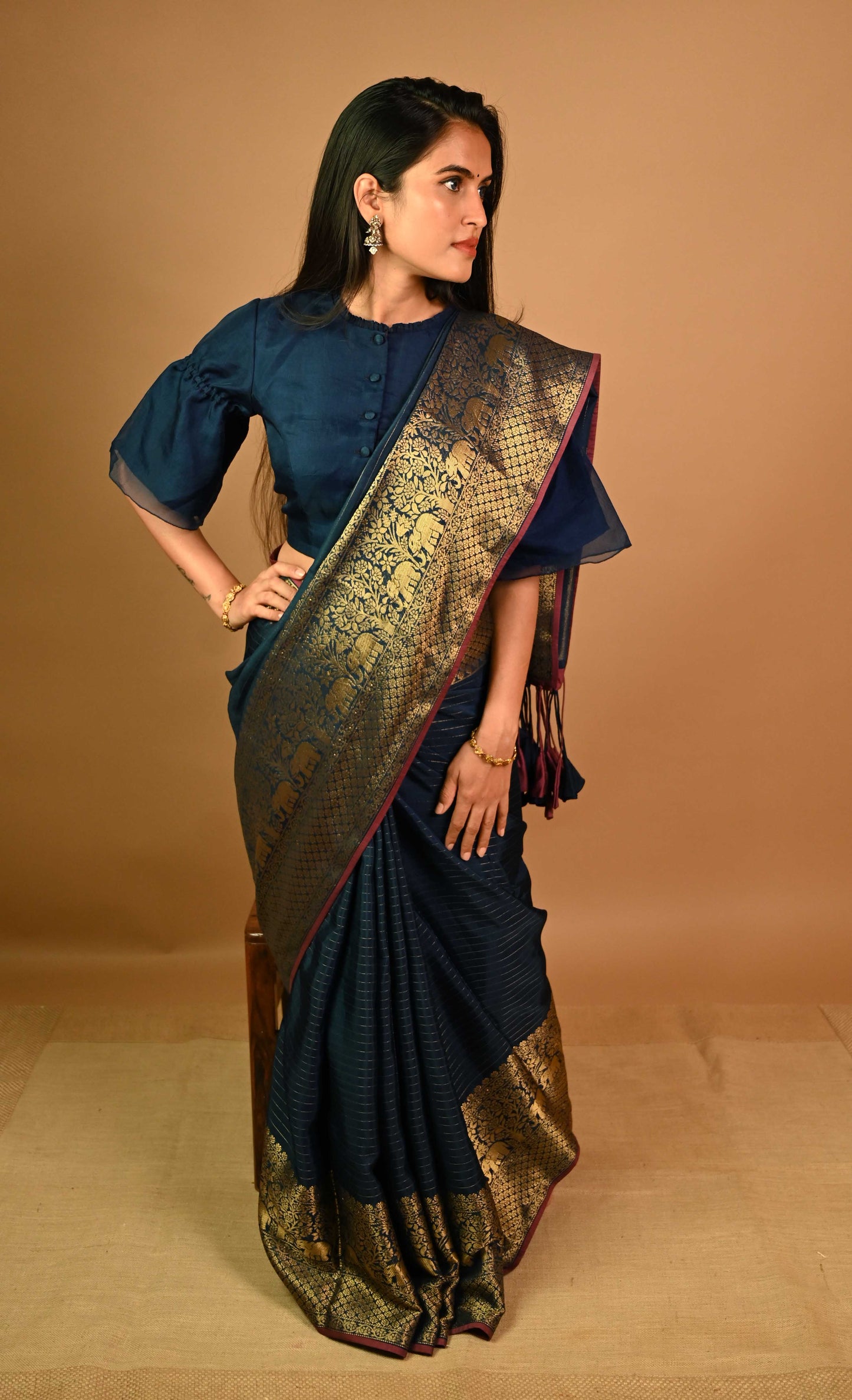 Navy Modal Silk Blend Kanjivaram Saree