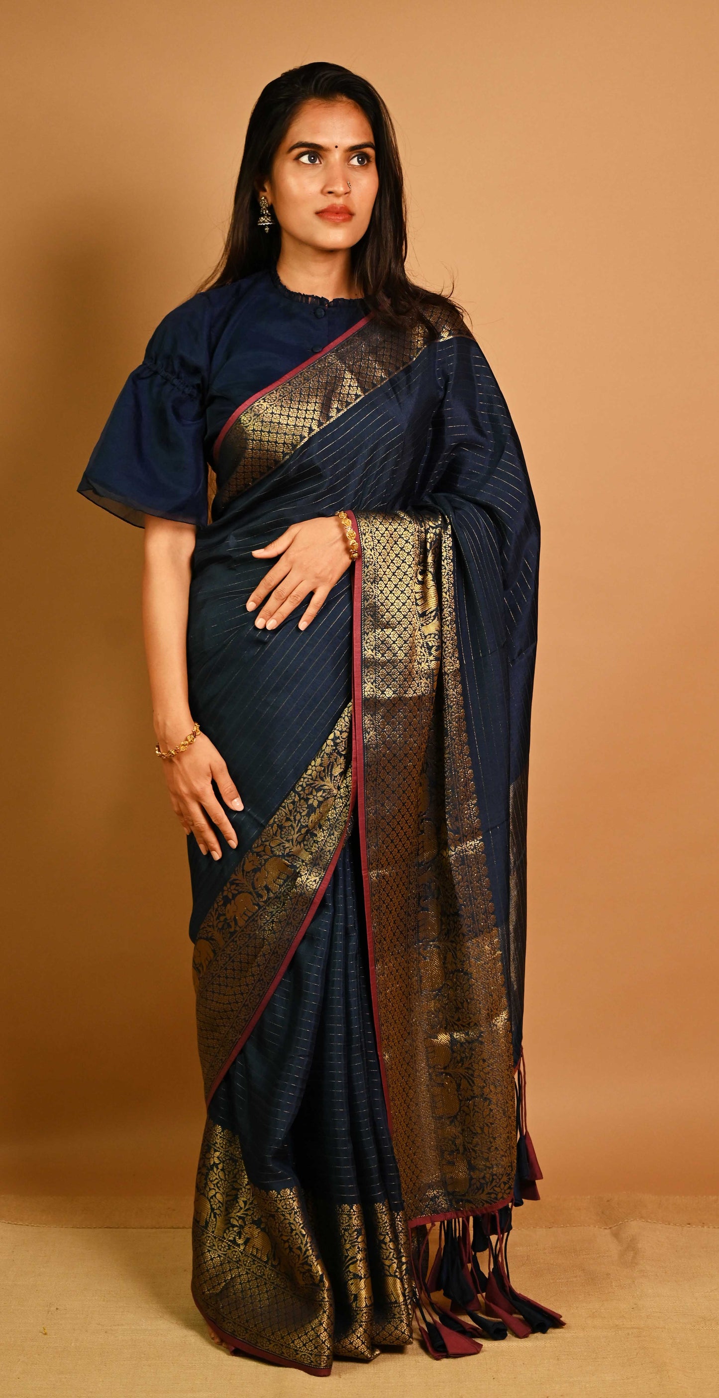 Navy Modal Silk Blend Kanjivaram Saree