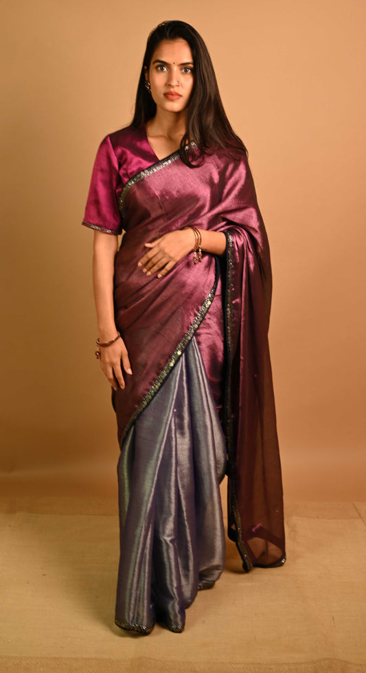 Dual Toned Tissue Blend Saree With Navy Satin Finishing