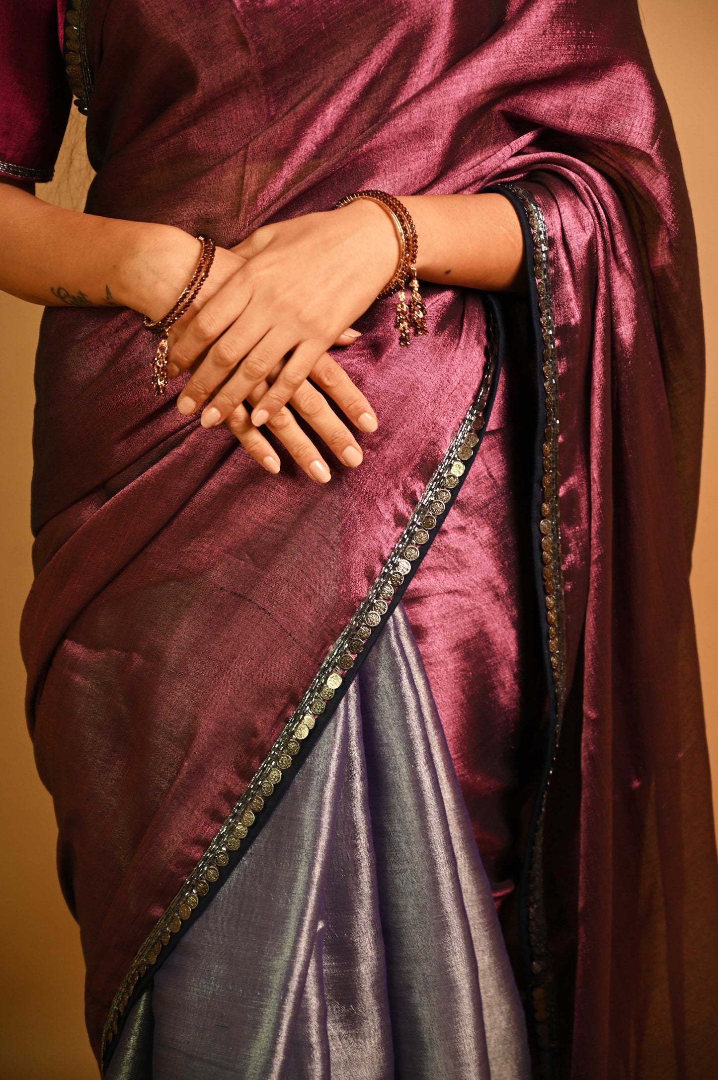 Dual Toned Tissue Blend Saree With Navy Satin Finishing