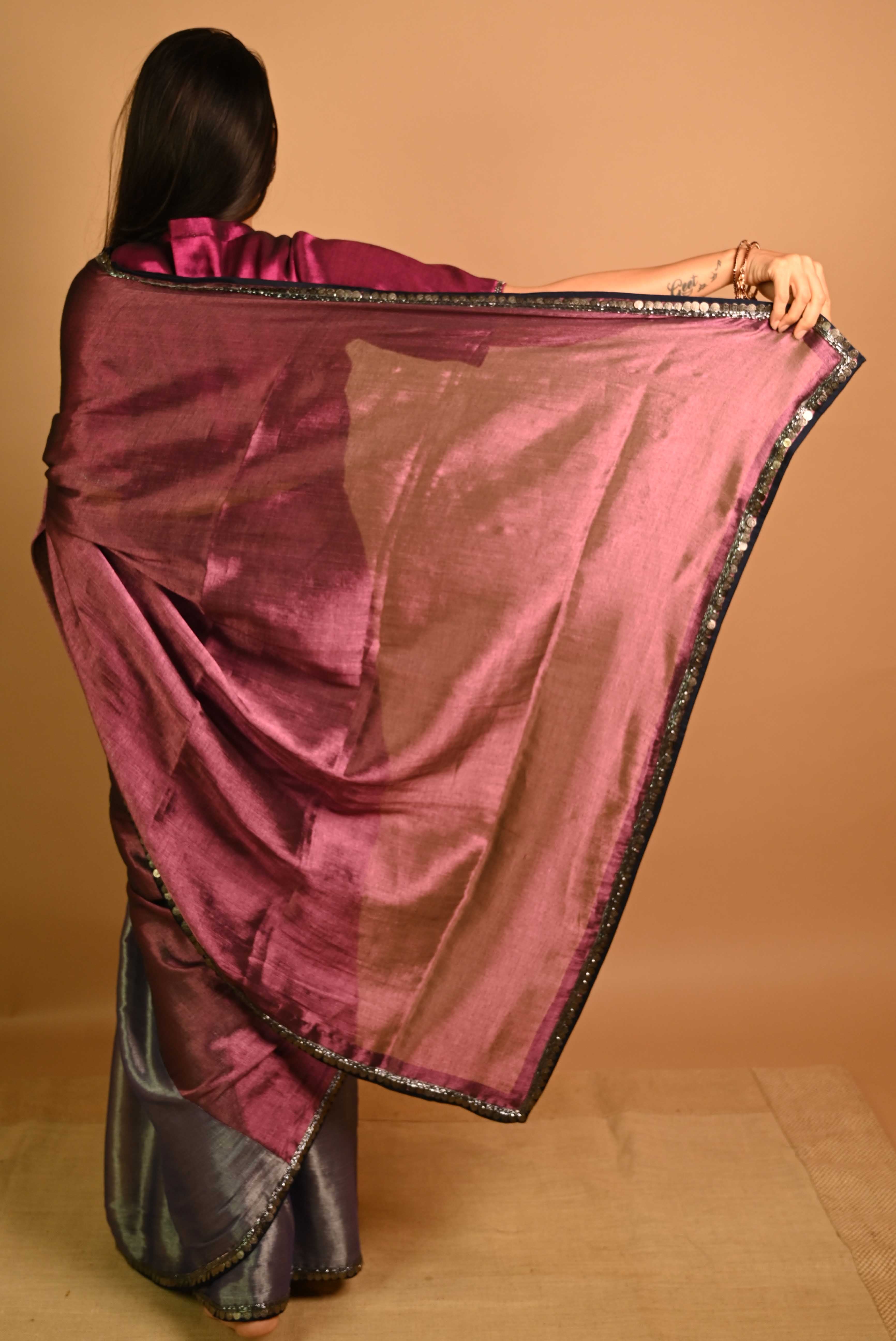 Dual Toned Tissue Blend Saree With Navy Satin Finishing