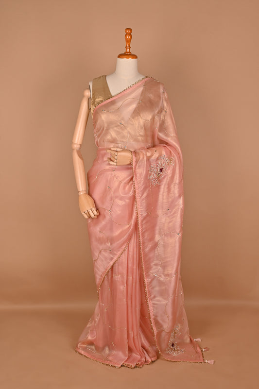 Peach Shimmer Saree with Zardosi Work and Gold Tassels