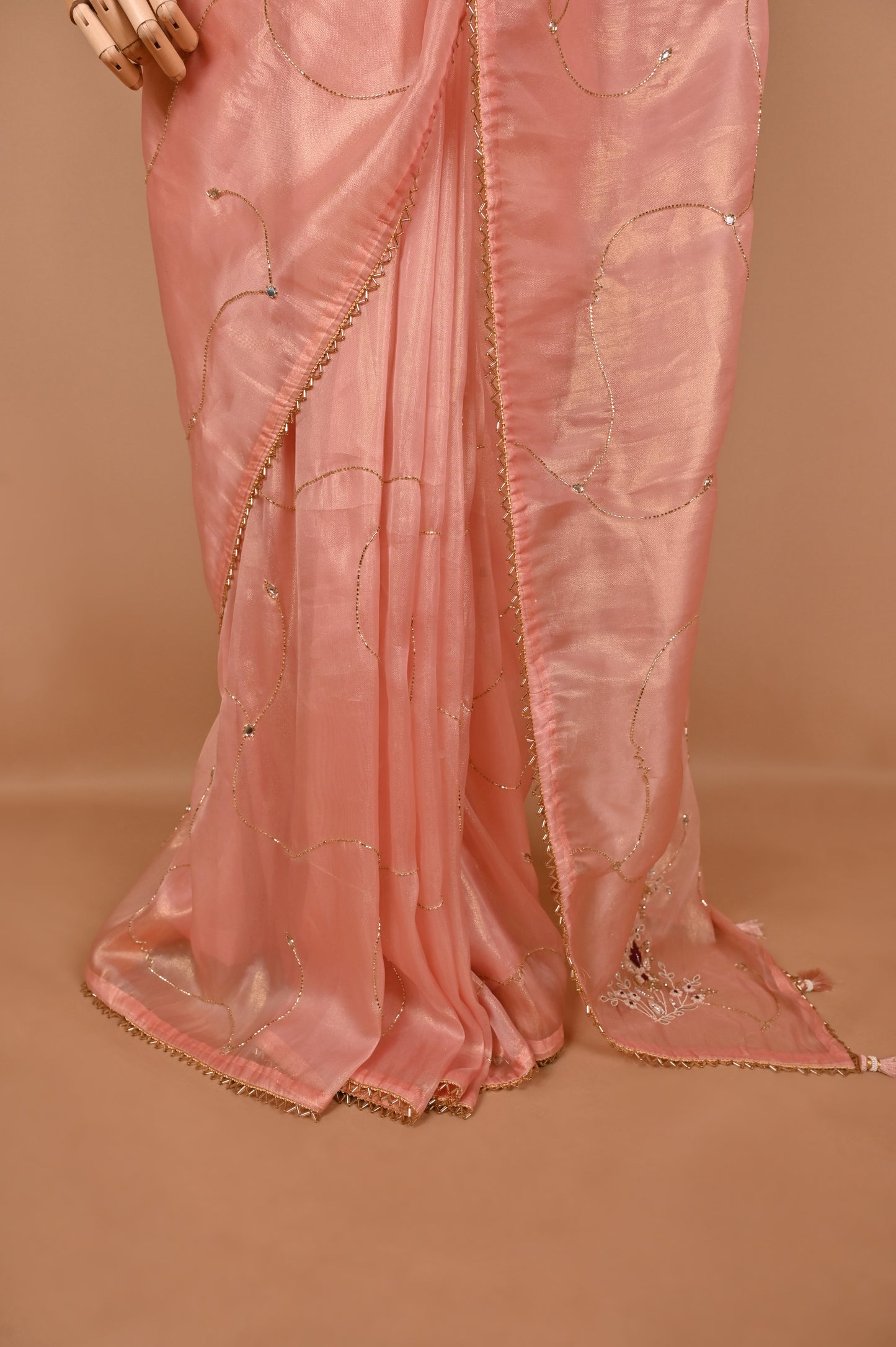 Peach Shimmer Saree with Zardosi Work and Gold Tassels