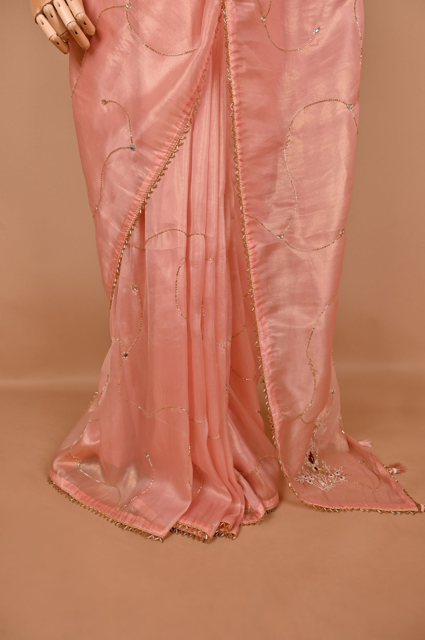 Peach Shimmer Saree with Zardosi Work and Gold Tassels