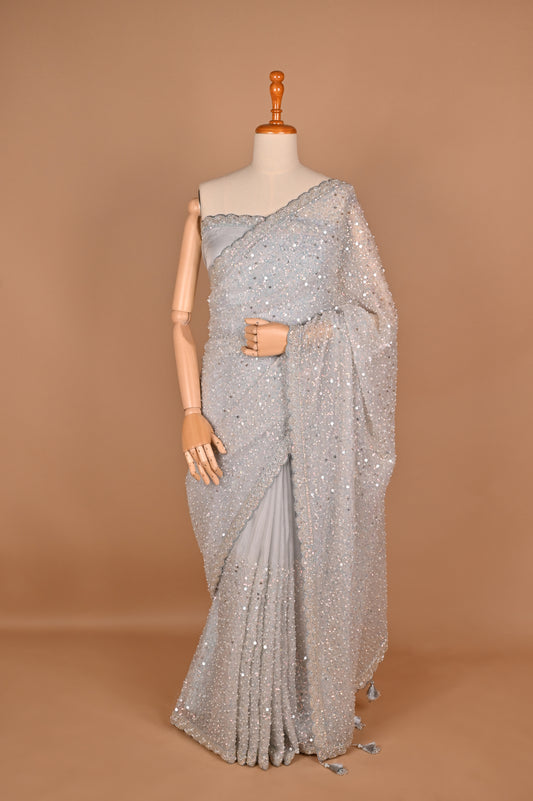 Enchanted Silver Shimmer Saree with Tassels embroidered in Sequins and Pearls