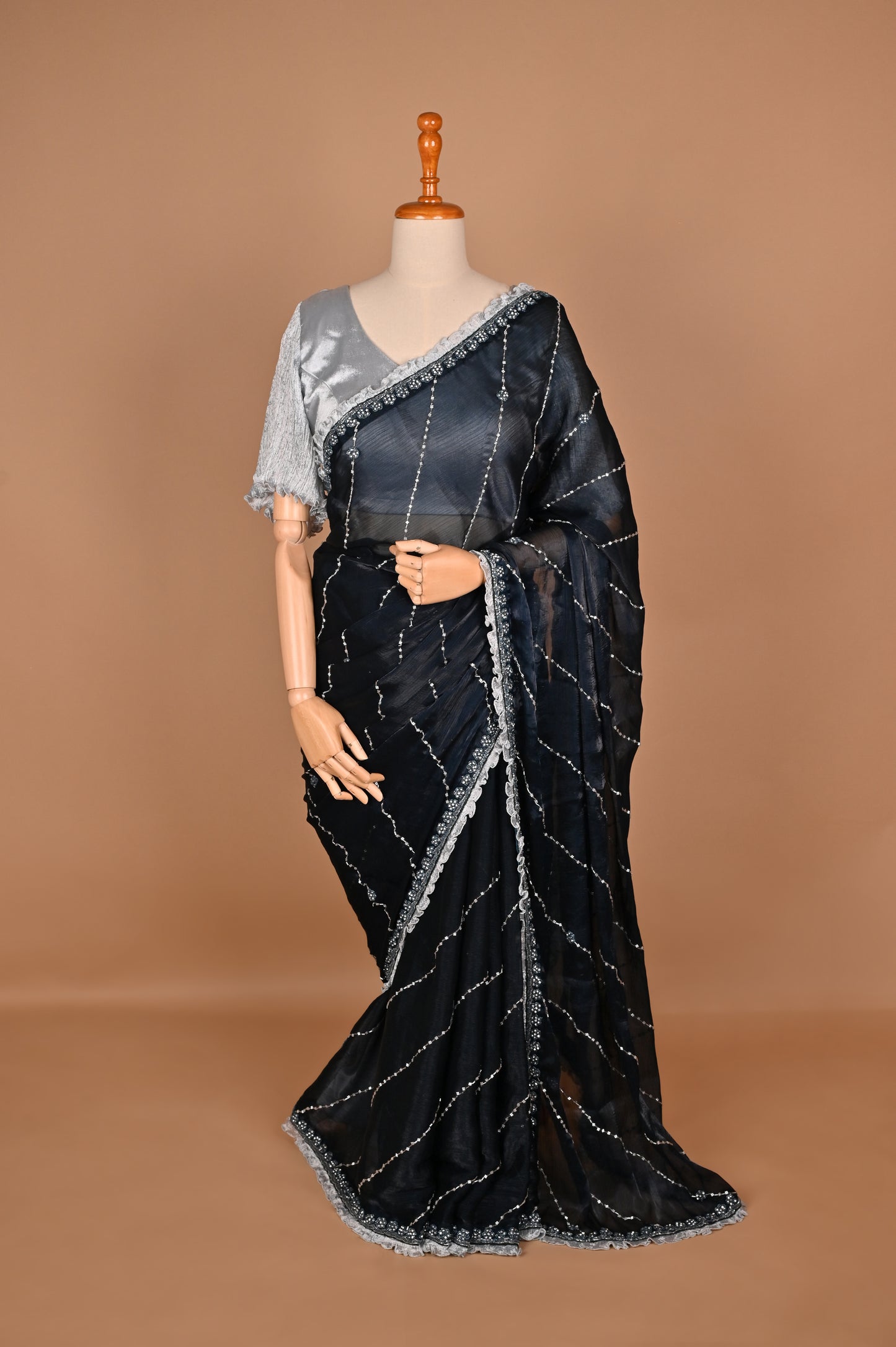 Dark Teal Blue Shimmer Saree with Kardana and Stone Work