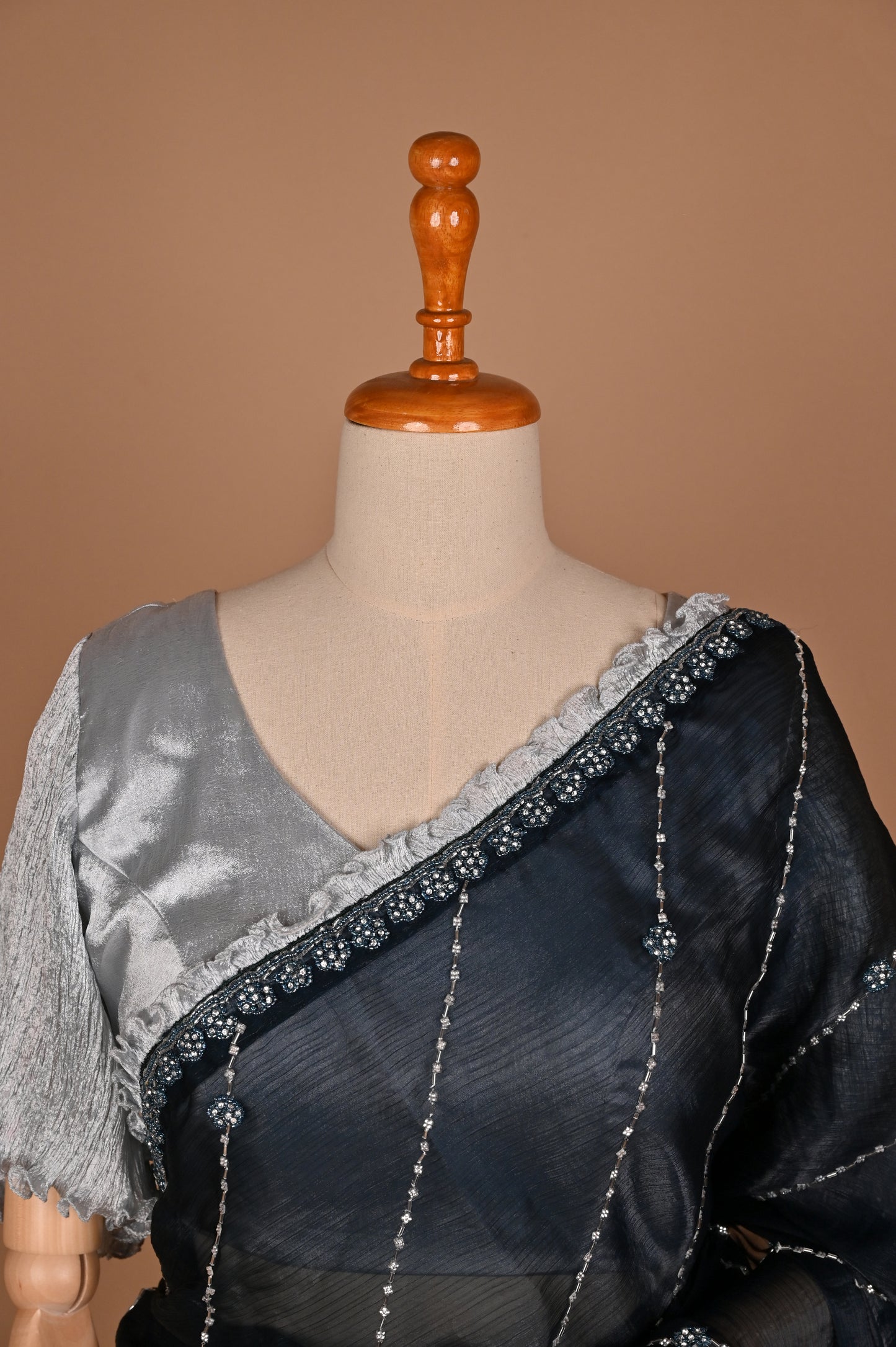 Dark Teal Blue Shimmer Saree with Kardana and Stone Work