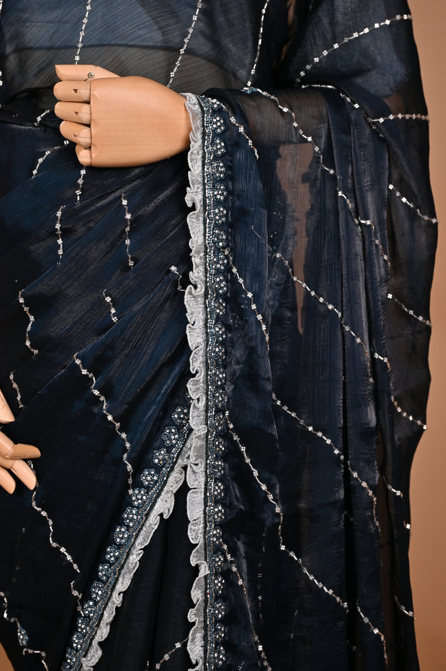 Dark Teal Blue Shimmer Saree with Kardana and Stone Work