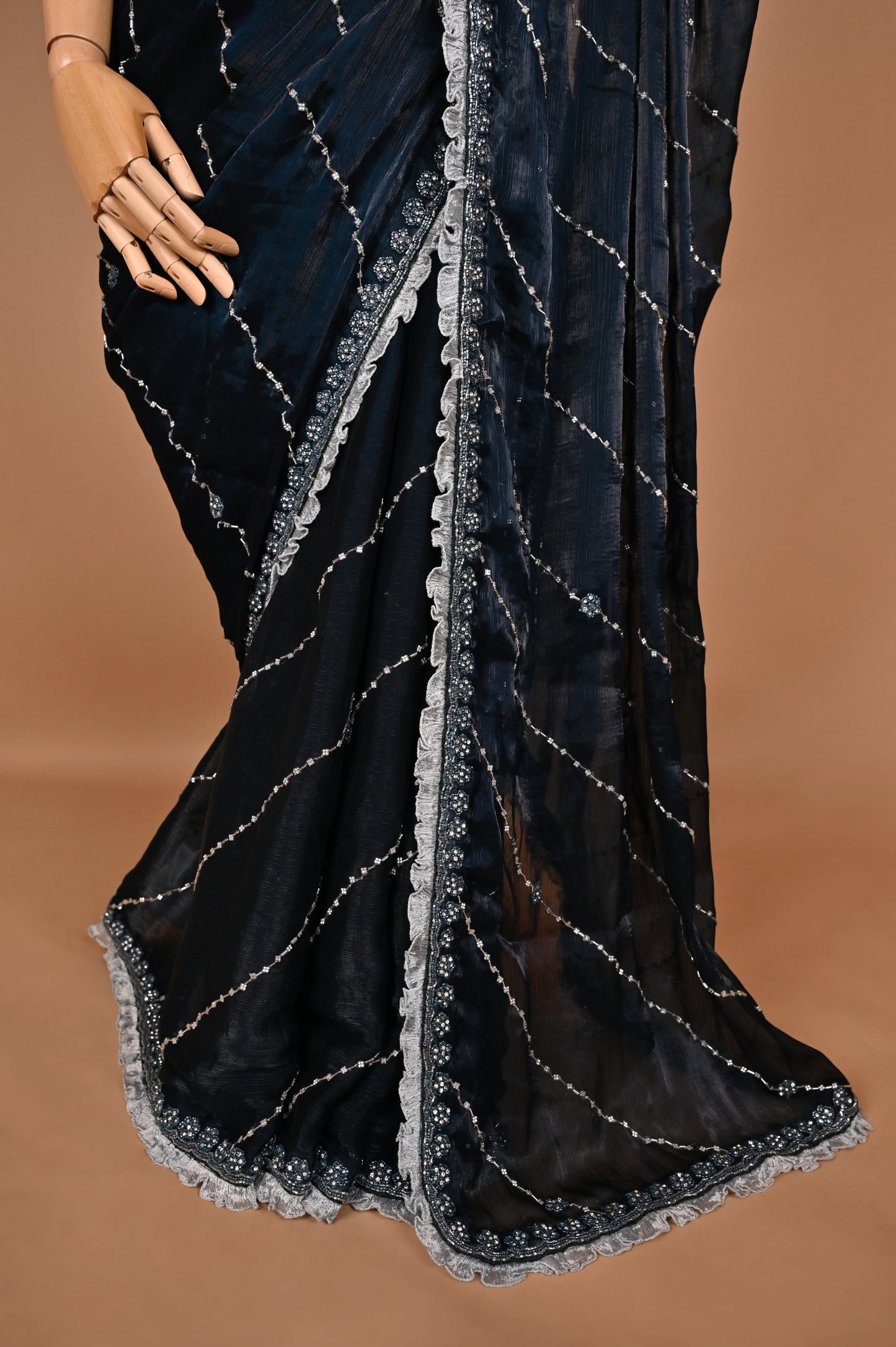 Dark Teal Blue Shimmer Saree with Kardana and Stone Work