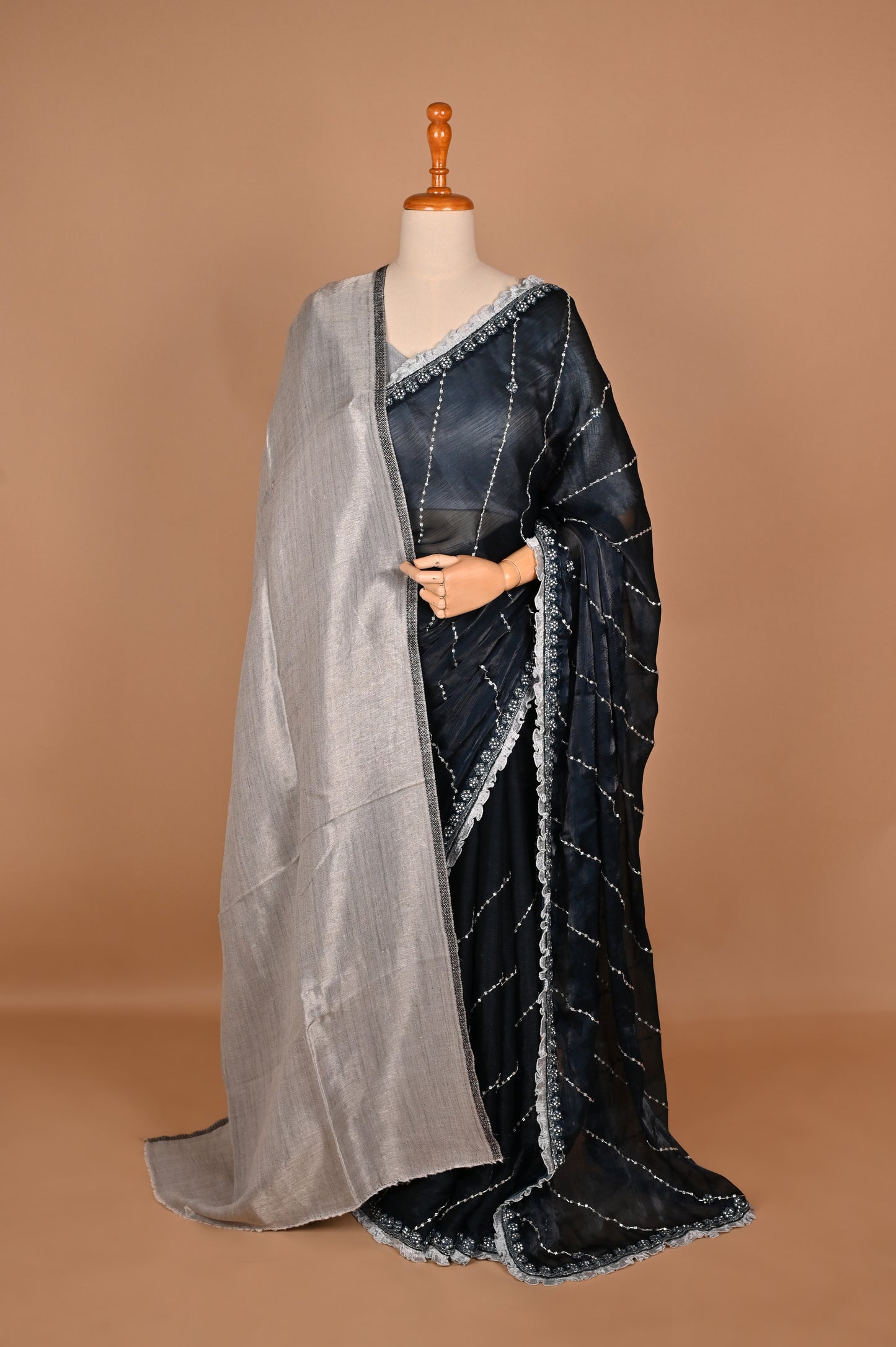 Dark Teal Blue Shimmer Saree with Kardana and Stone Work