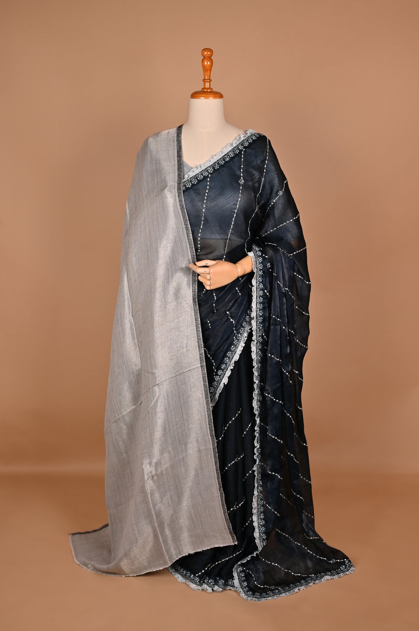 Dark Teal Blue Shimmer Saree with Kardana and Stone Work