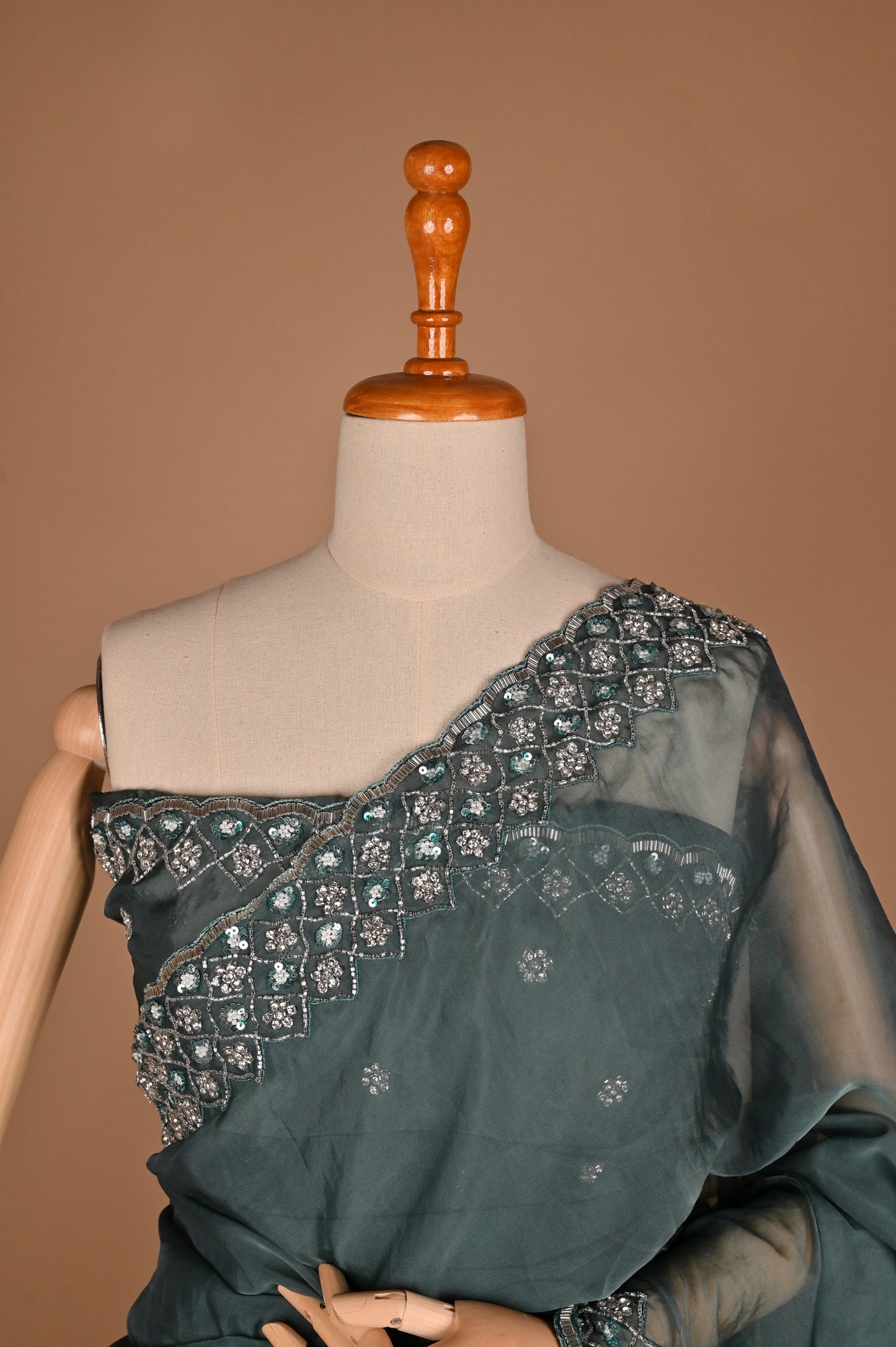 Enchanted Teal Blue Organza Saree with Hand Embroidery