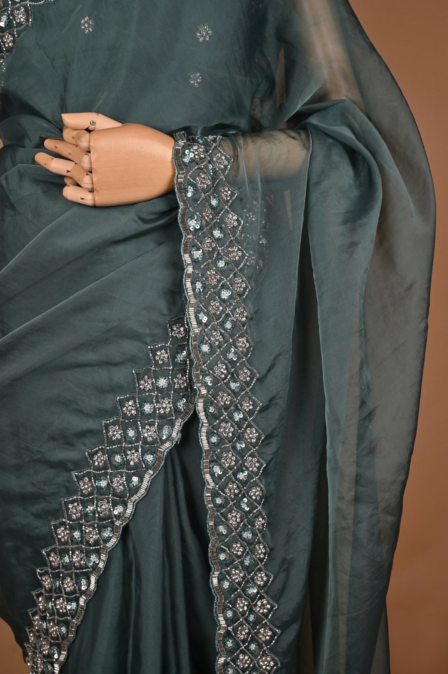 Enchanted Teal Blue Organza Saree with Hand Embroidery