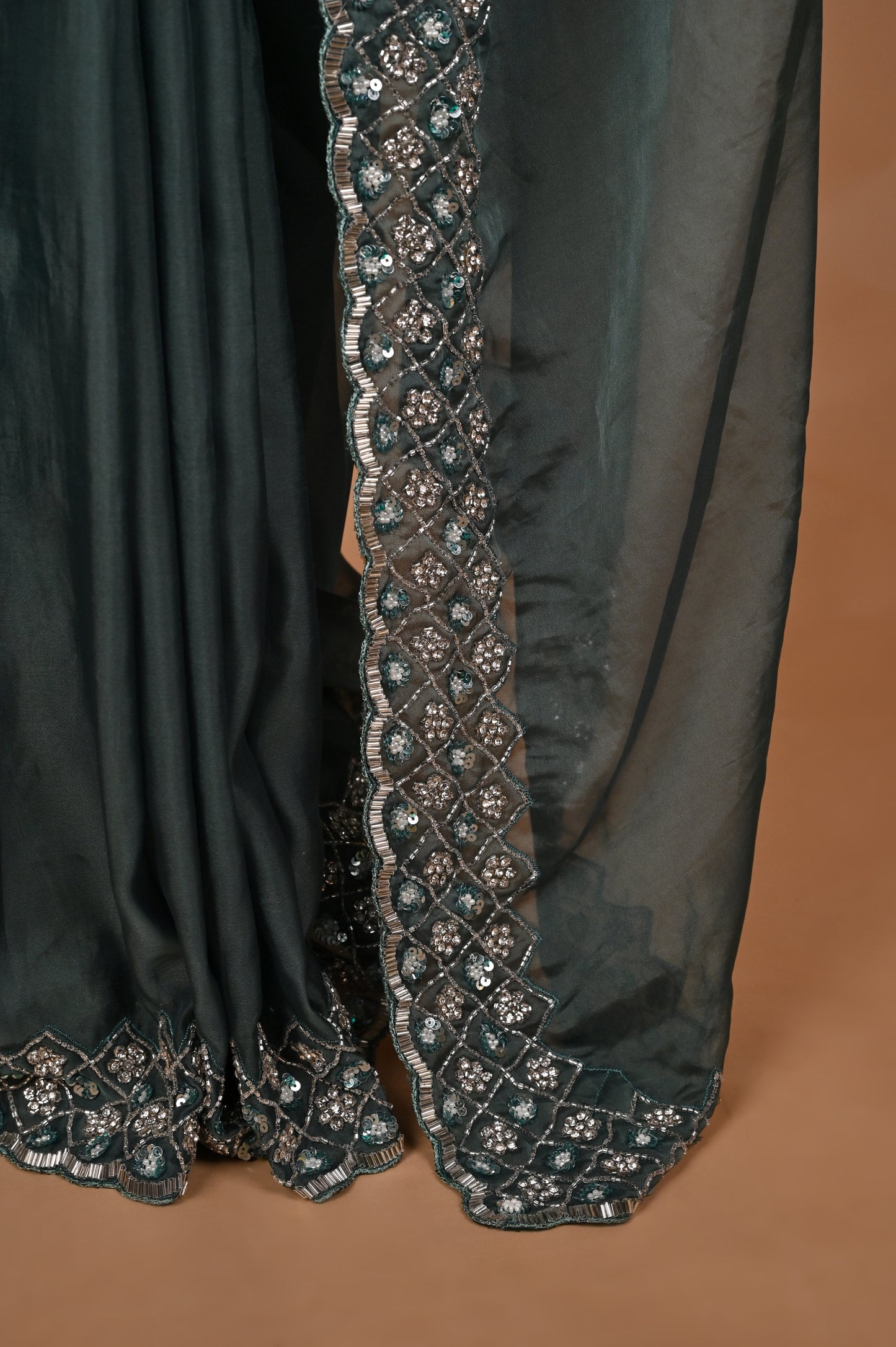 Enchanted Teal Blue Organza Saree with Hand Embroidery