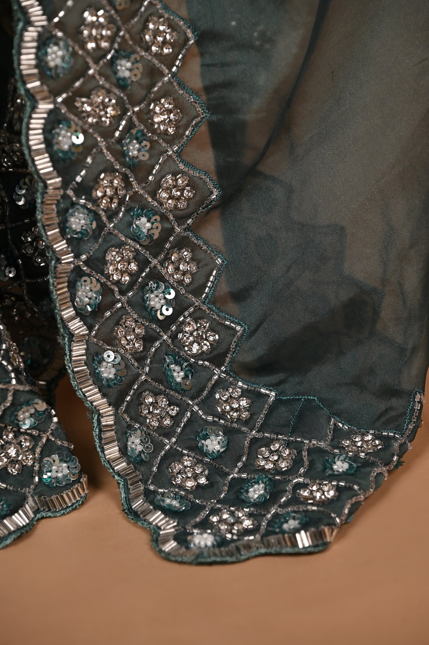 Enchanted Teal Blue Organza Saree with Hand Embroidery