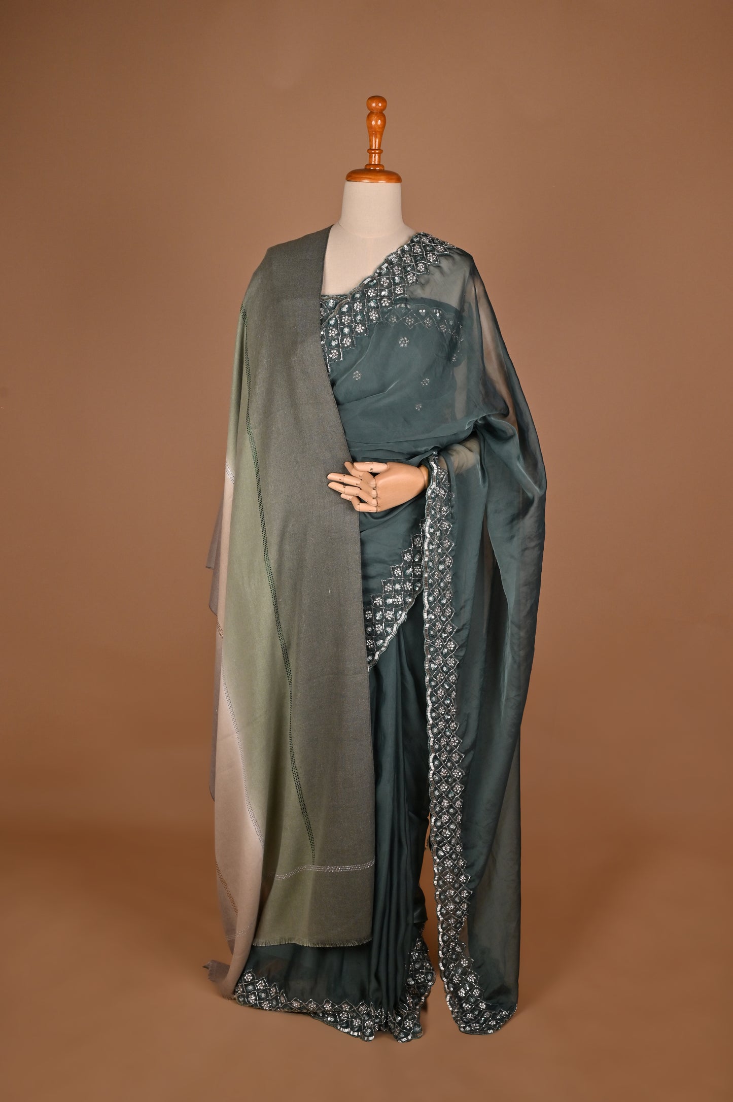 Enchanted Teal Blue Organza Saree with Hand Embroidery