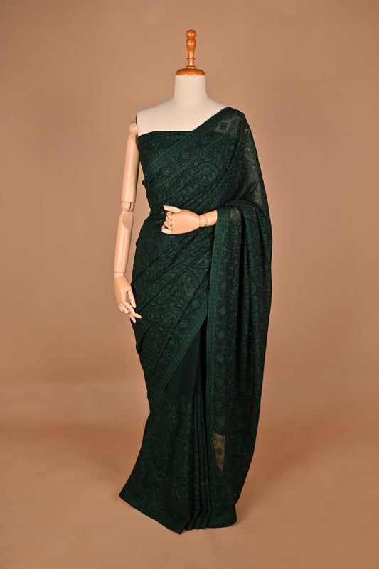 Regal Bottle Green Georgette Saree with Kashmiri Thread Work and Crystals