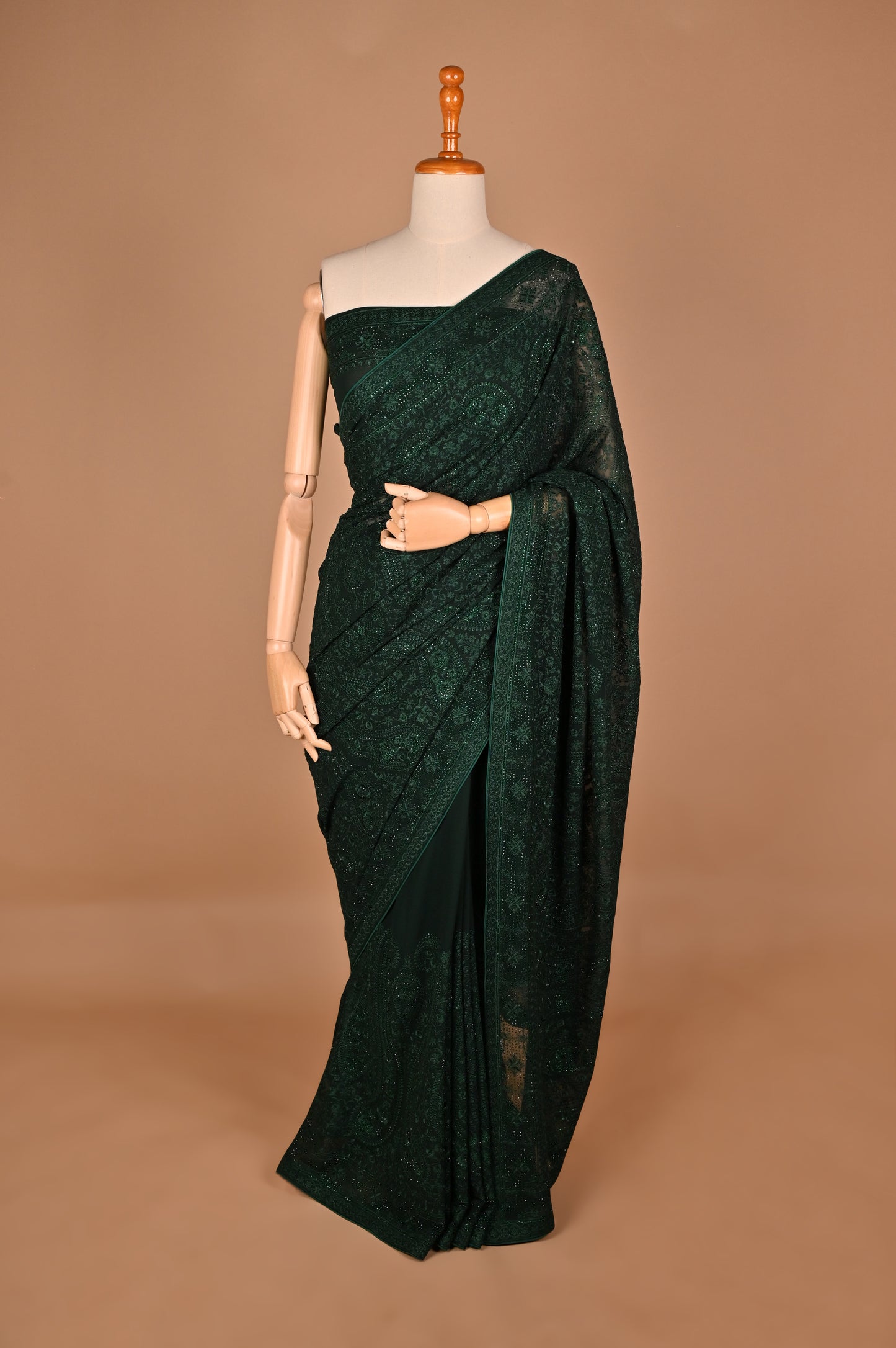 Regal Bottle Green Georgette Saree with Kashmiri Thread Work and Crystals