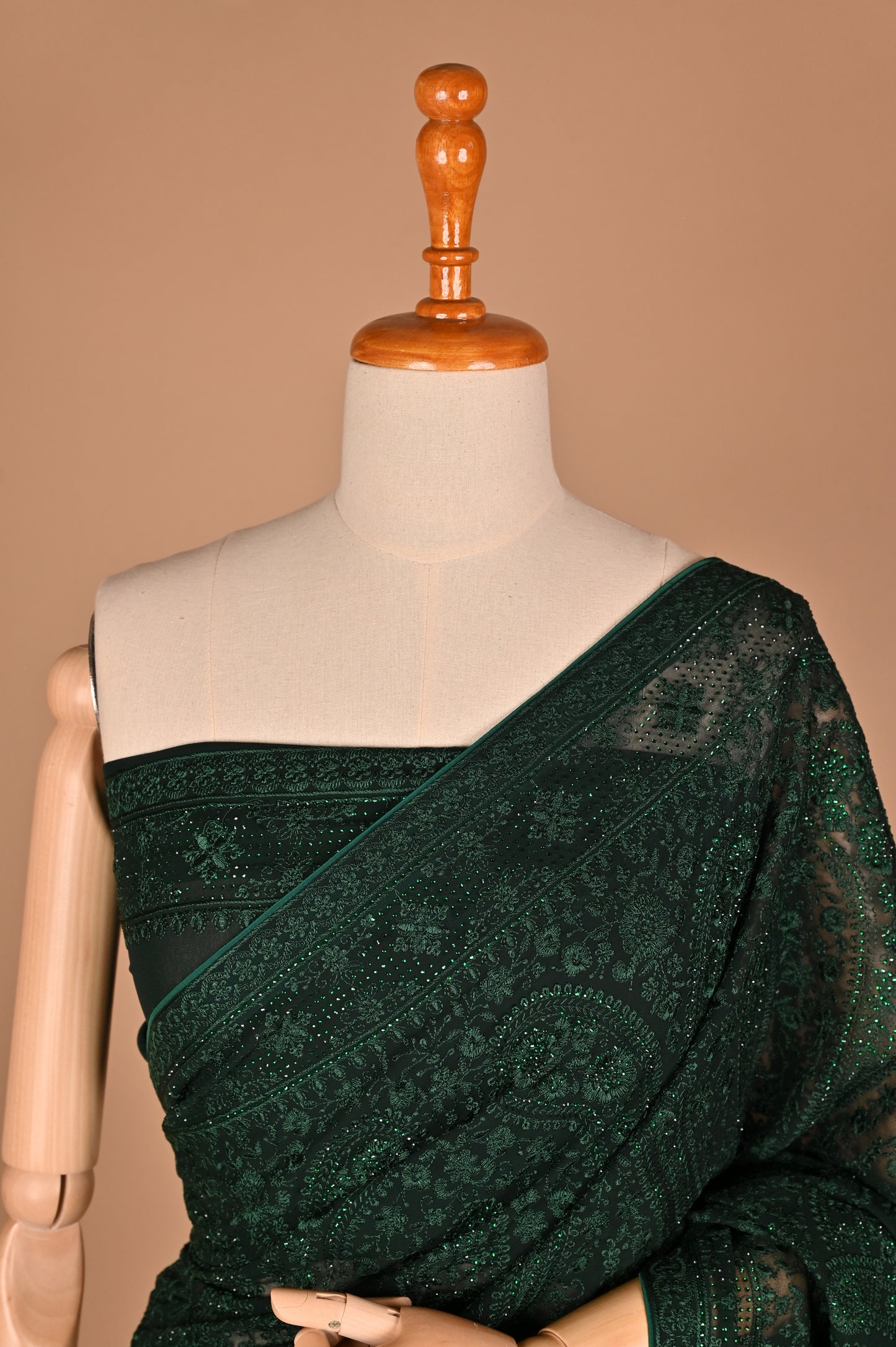 Regal Bottle Green Georgette Saree with Kashmiri Thread Work and Crystals