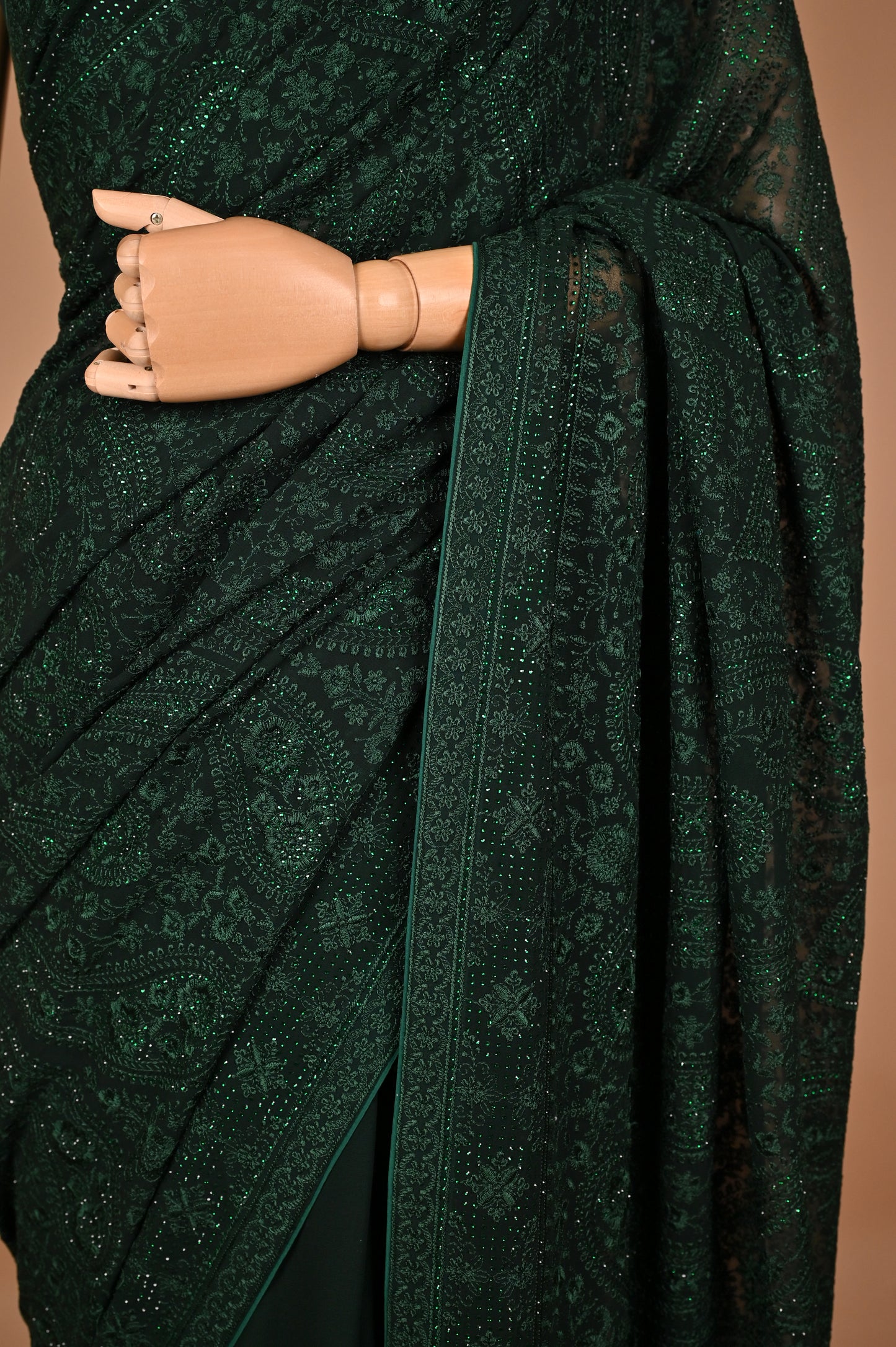 Regal Bottle Green Georgette Saree with Kashmiri Thread Work and Crystals