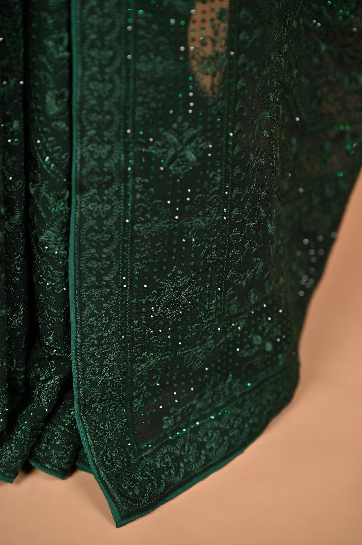 Regal Bottle Green Georgette Saree with Kashmiri Thread Work and Crystals