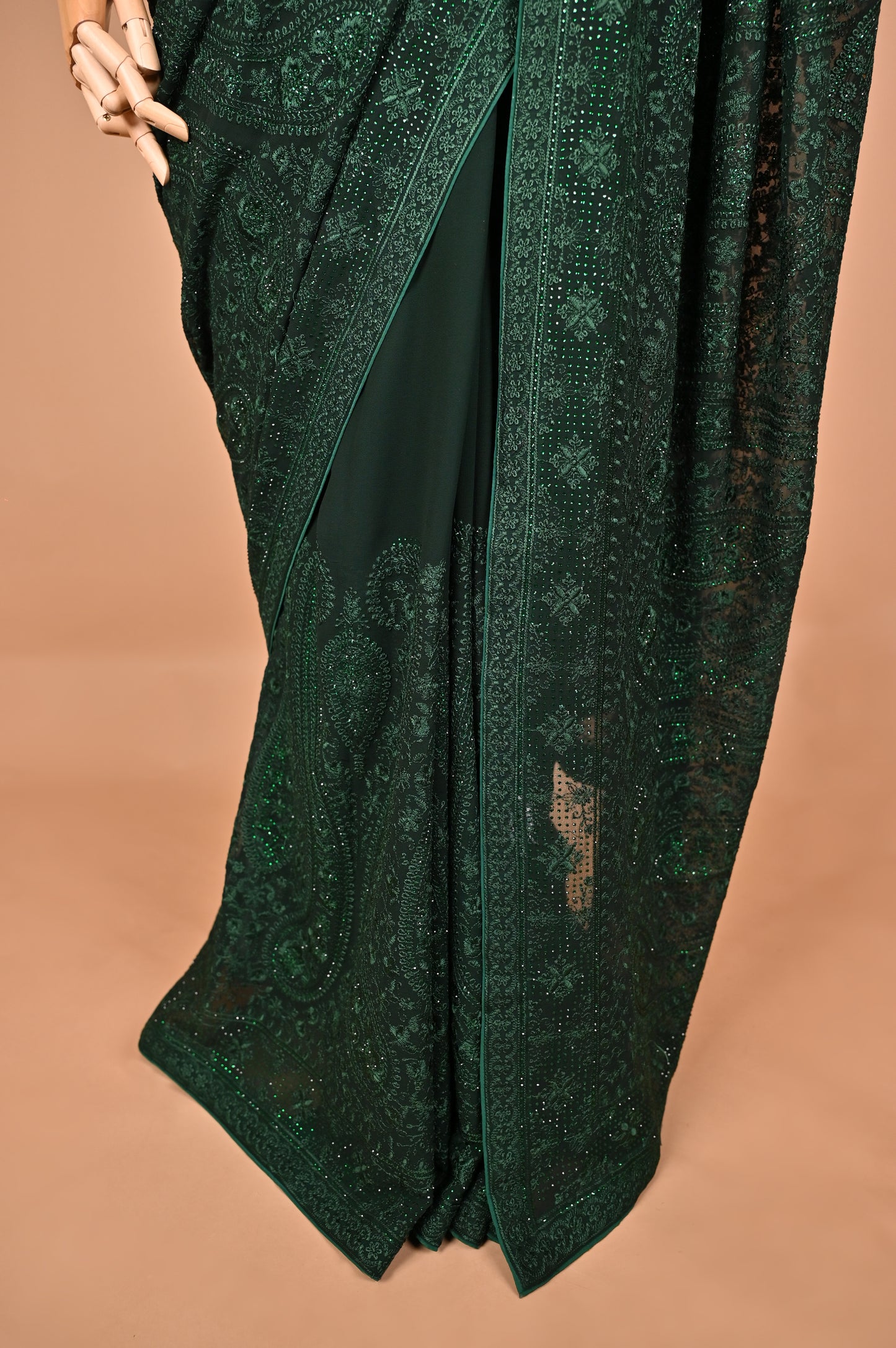 Regal Bottle Green Georgette Saree with Kashmiri Thread Work and Crystals