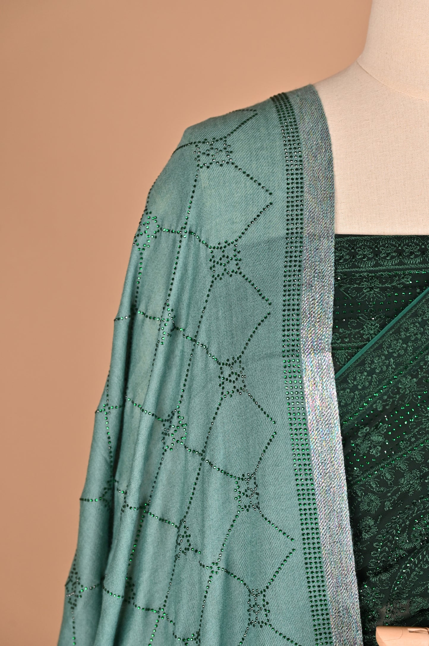 Regal Bottle Green Georgette Saree with Kashmiri Thread Work and Crystals