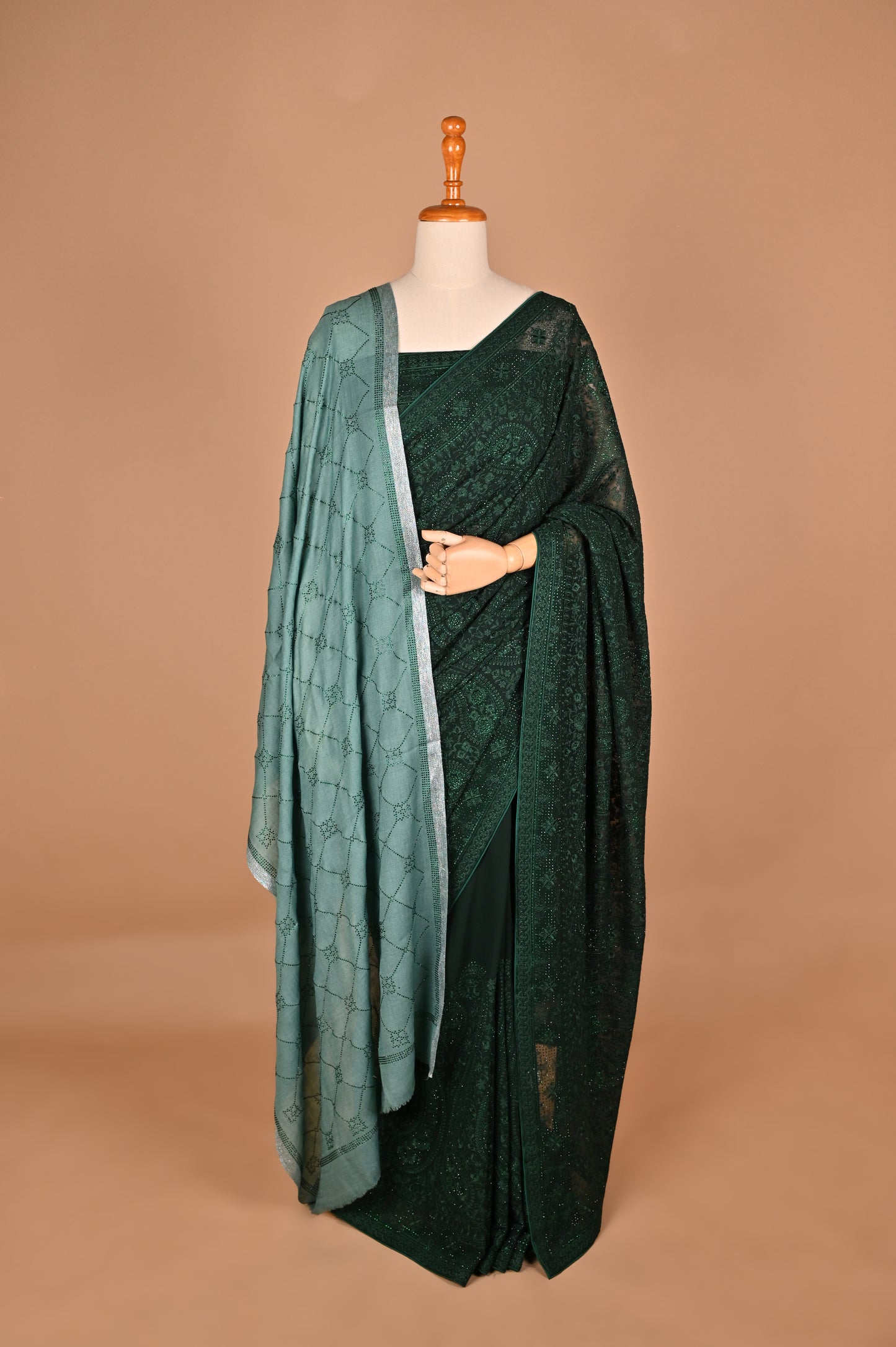 Regal Bottle Green Georgette Saree with Kashmiri Thread Work and Crystals