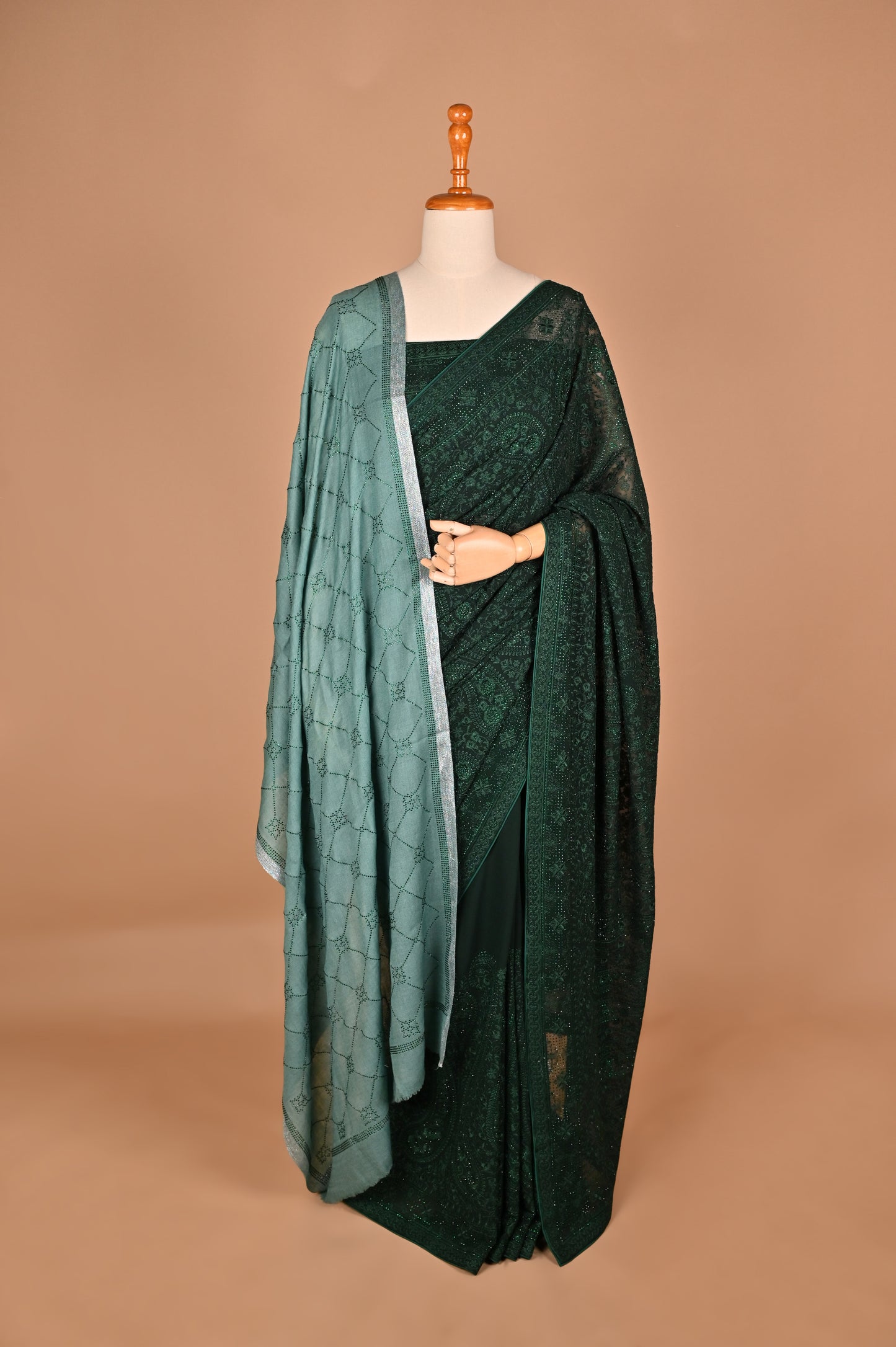 Regal Bottle Green Georgette Saree with Kashmiri Thread Work and Crystals