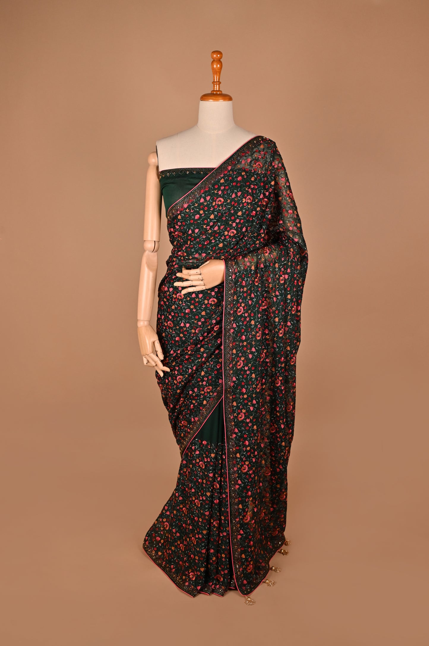 Emerald Enchantment Georgette Saree with Kashmiri Embroidery