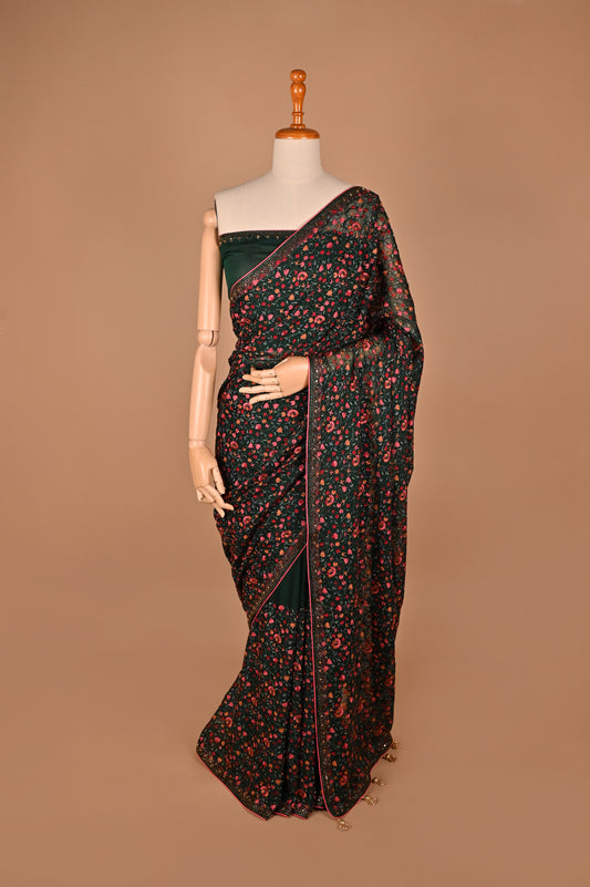 Emerald Enchantment Georgette Saree with Kashmiri Embroidery