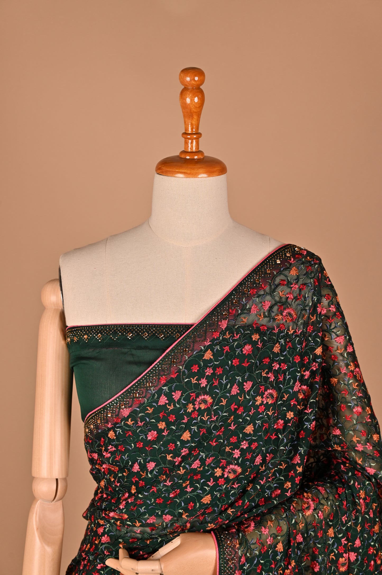 Emerald Enchantment Georgette Saree with Kashmiri Embroidery