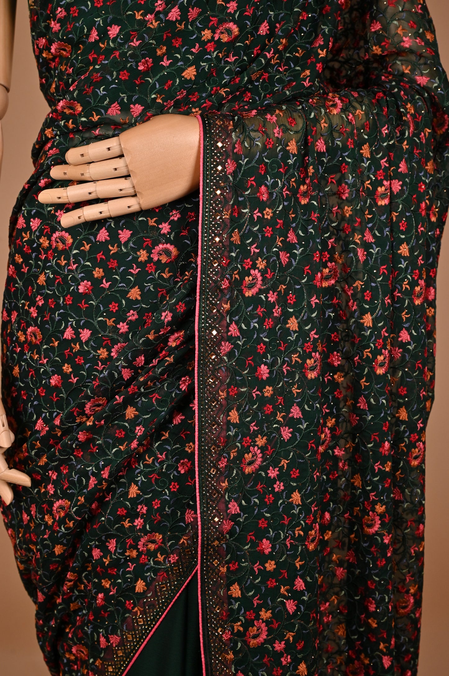 Emerald Enchantment Georgette Saree with Kashmiri Embroidery